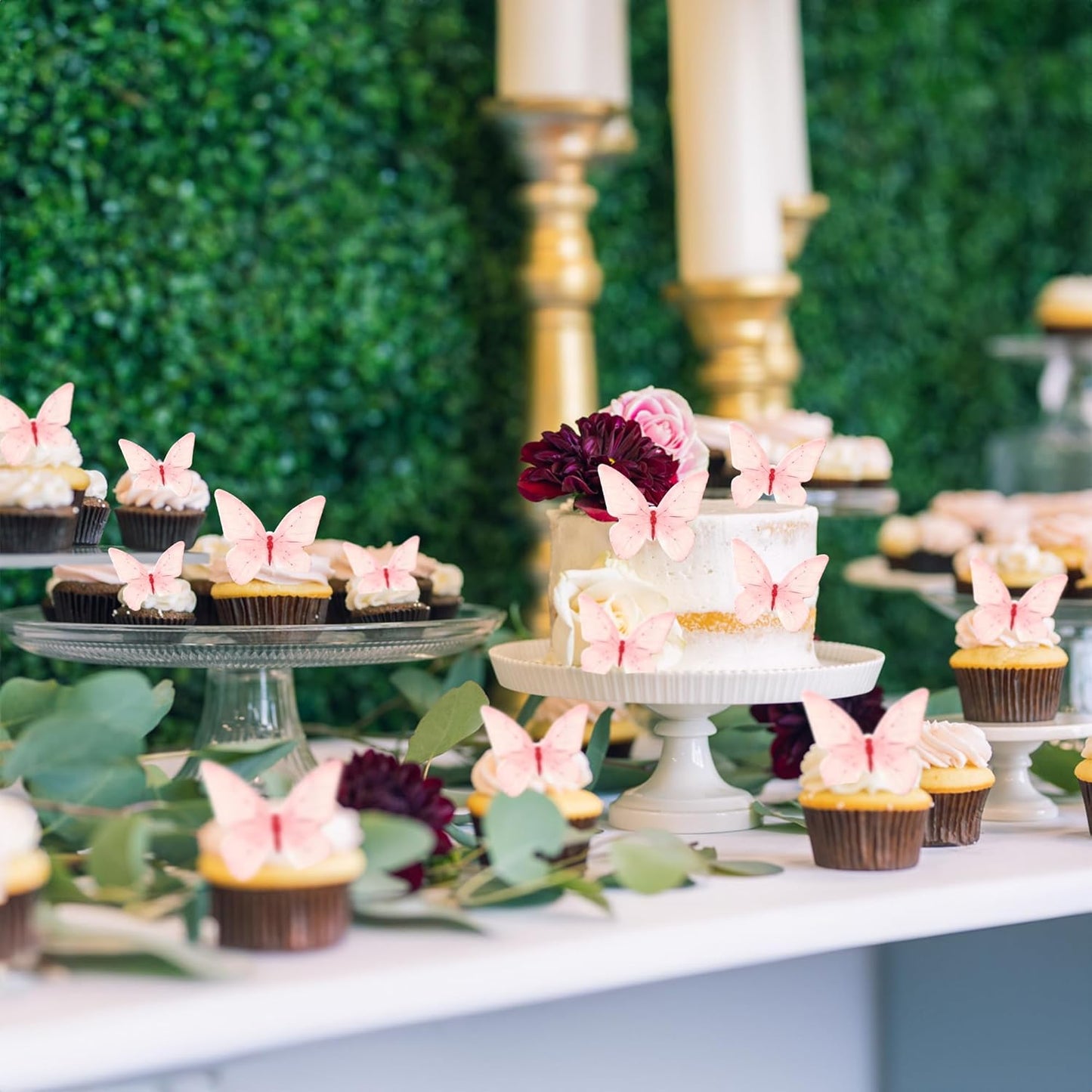 Ephlyn 48Pcs Edible Butterfly Cupcake Toppers Butterfly Cupcake Picks Edible Spring Cupcake Decorations for Spring Theme Baby Shower Kids Birthday Party Cake Supplies Pink