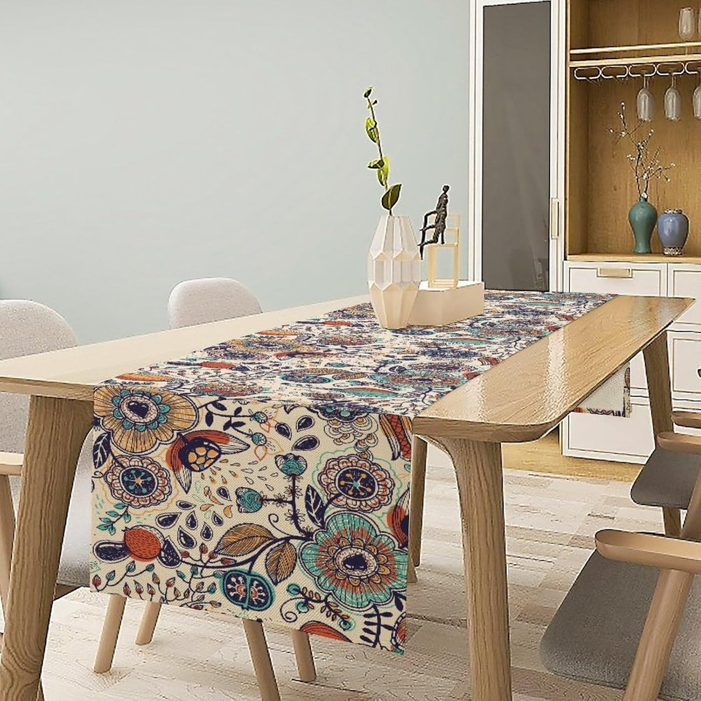 Boho Floral Table Runner,Vintage Flowers Tropical Plants Country Style Table Cloth Kitchen Dining Table Home Party Decoration 13x60 Inch