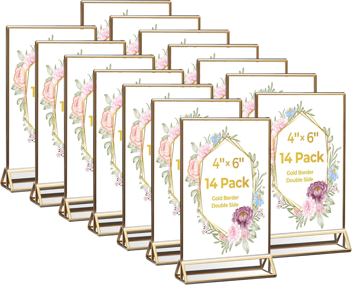 14 Pack Acrylic Sign Holder 4x6 Gold Frames, Wedding Table Number Holders Double Sided Vertical Clear Display Stand, Picture Holders for Tables, Menus, Flyers, Party and Office Decor