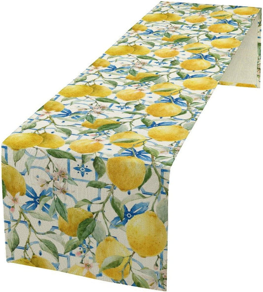 Lemon Table Runner,Watercolor Fruit Green Leaves Spring Summer Table Cloth Kitchen Dining Table Home Party Decoration 13x72 Inch
