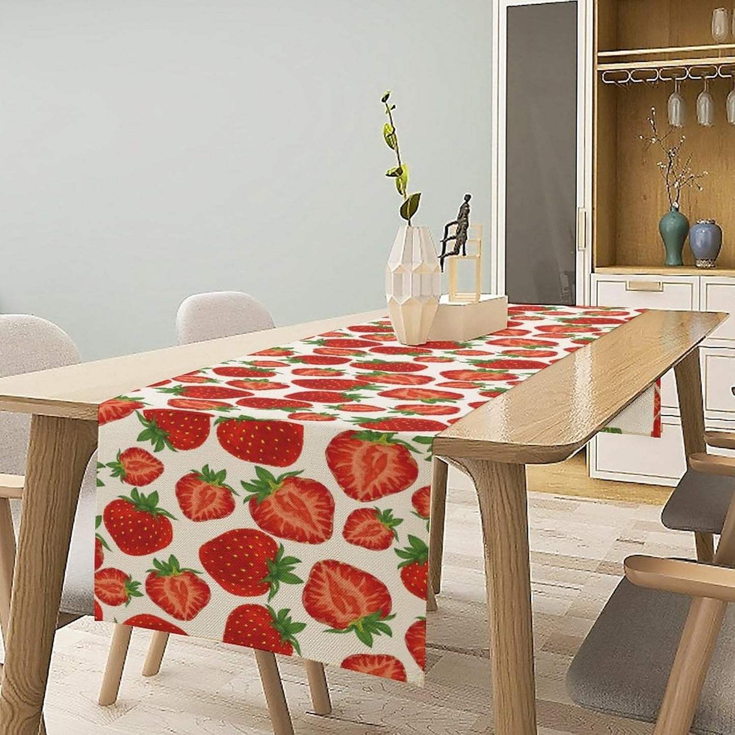 Strawberry Table Runner,Spring Summer Fruit Print Table Runner for Kitchen Dining Table Home Party Decoration 13x60 Inch