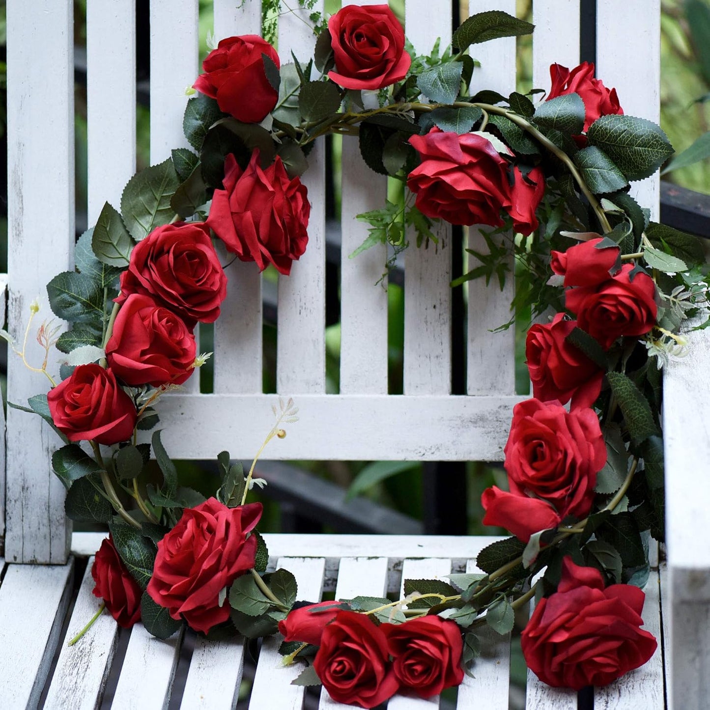 FiveSeasonStuff Classic Red Artificial Silk Roses Flower Garland, Bendable Hanging Vines (2pcs, 11ft)