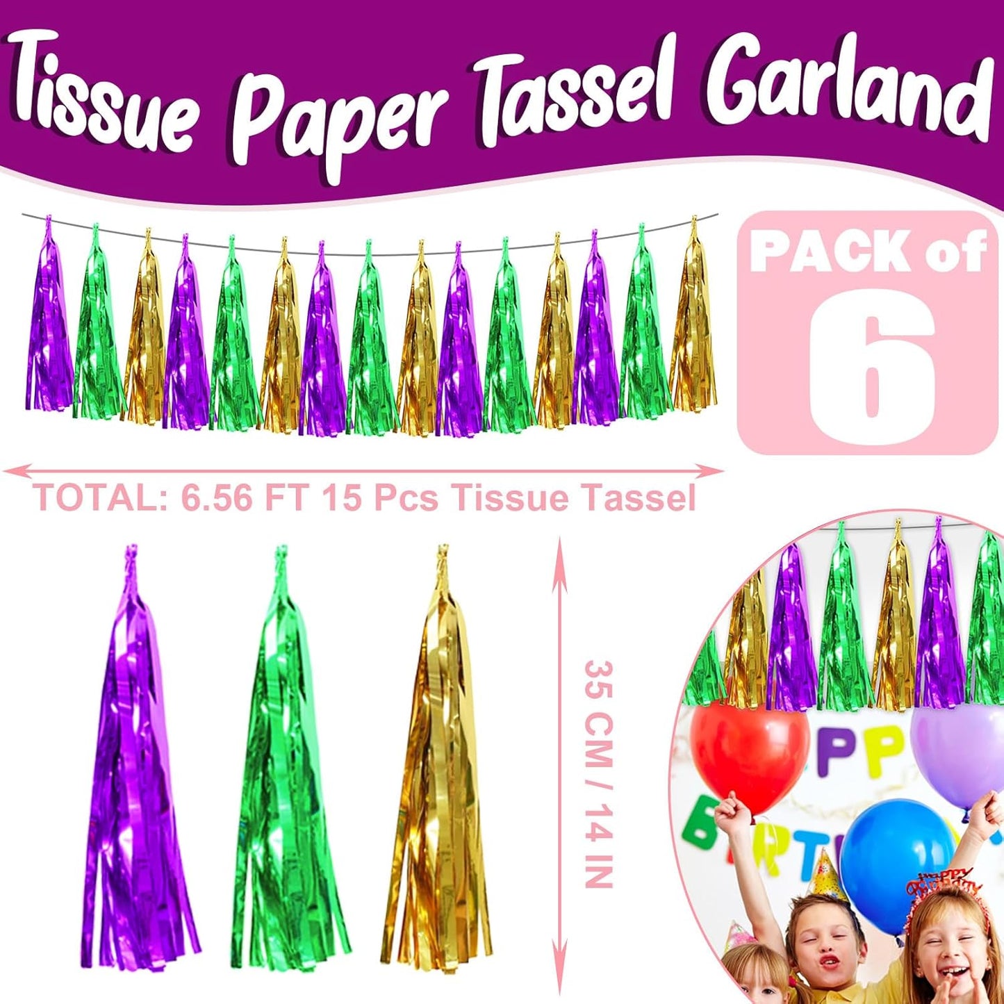 6P Purple Green Gold Foil Fringe Metallic Tassel Streamers Banner Tassel Garland for Parade Floats, Bachelorette, Wedding, Birthday, Graduation, Christmas, Bridal/Baby Shower Party Decorations