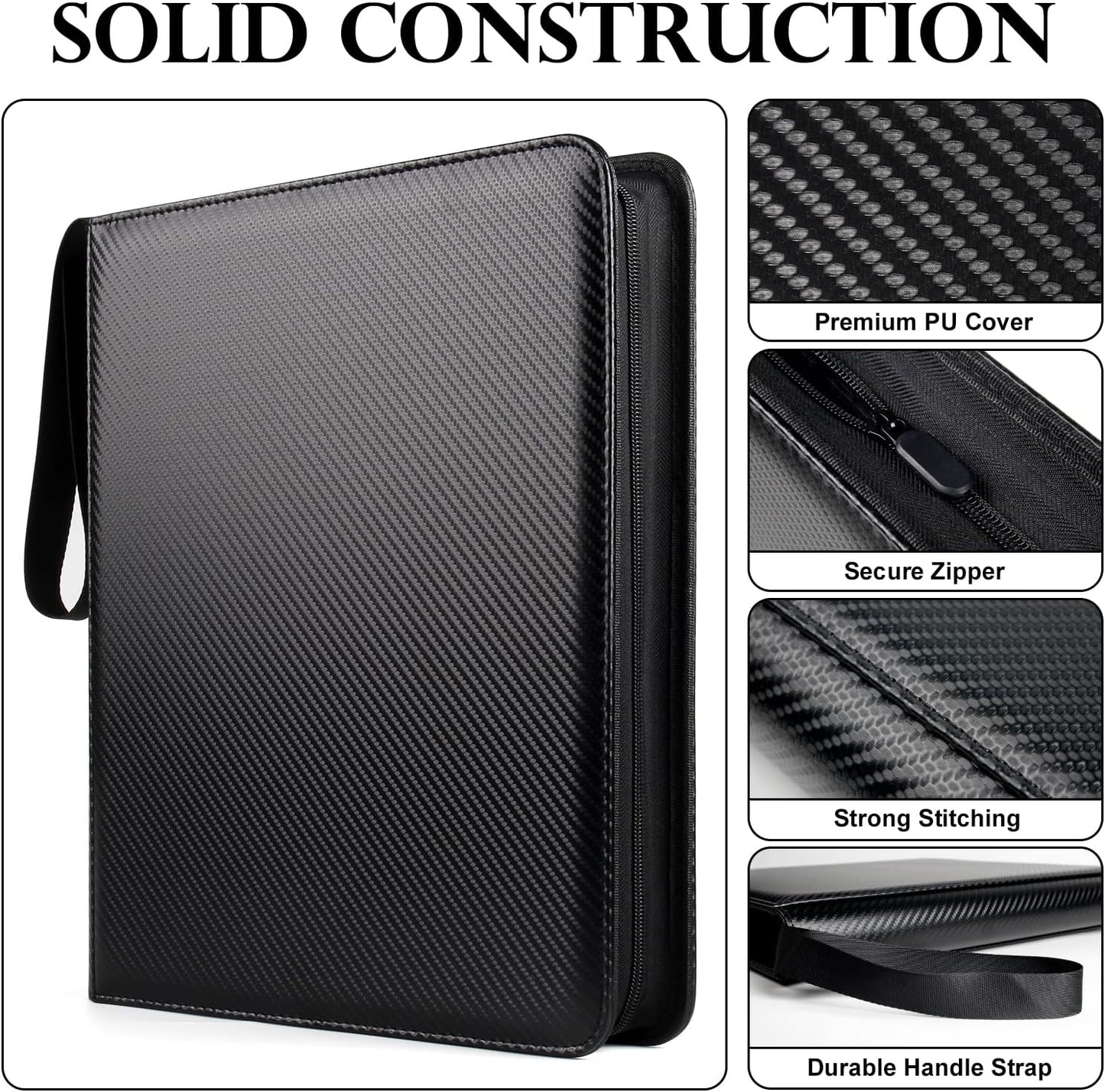 GEAoffice Trading Card Binder 12 Pocket Hold 720 Cards, Premium PU Cover Zipper Collection Binder, Ringless Side Loading Card Album Folder for YuGiOh, MTG, TCG, Game & Sports, Non-PVC, Carbon Black
