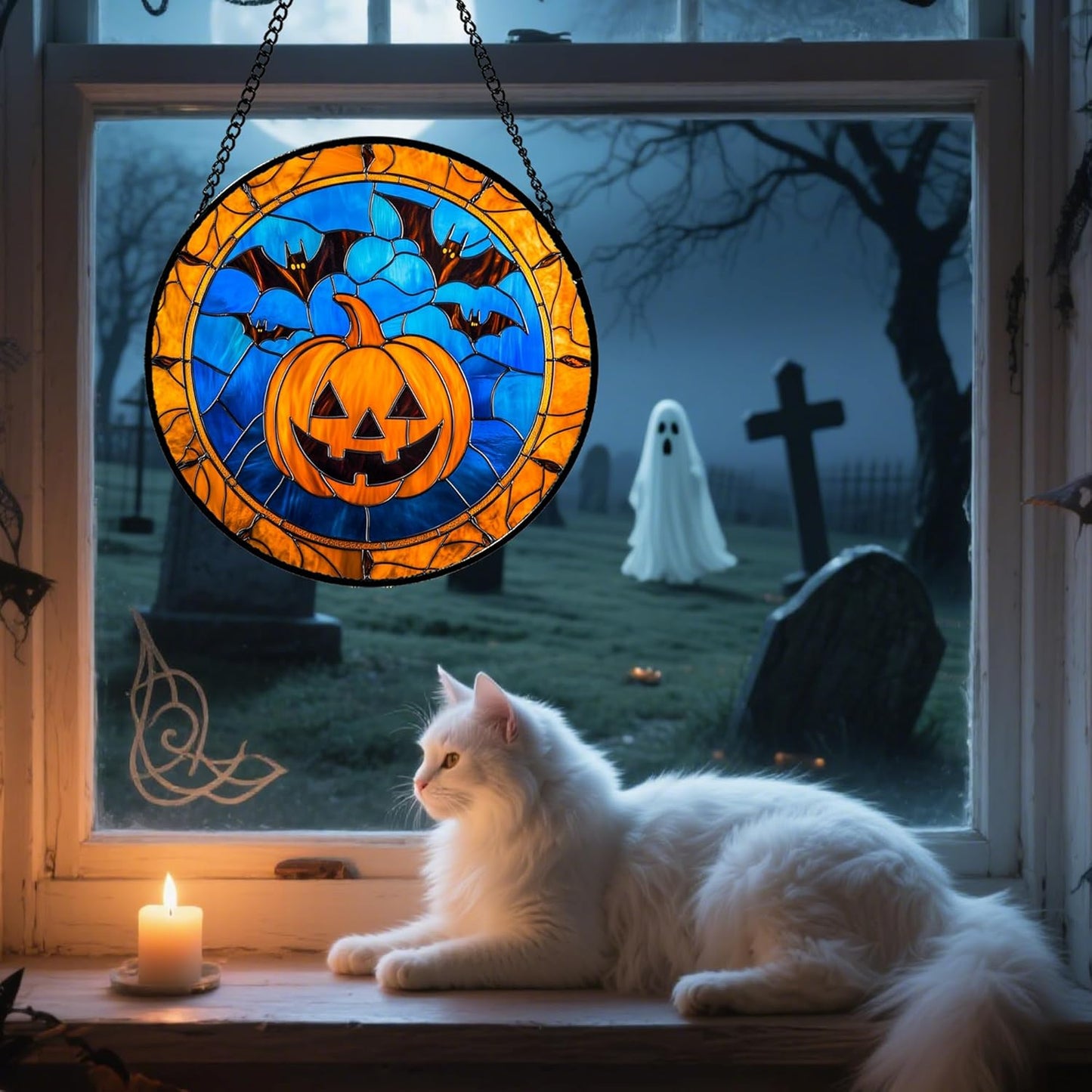 Stained Glass Window Hanging - Halloween Evil Pumpkin Suncatcher for Doors Window Garden Indoor Spooky Brown Bat Sun Catchers Gothic Decor Horror Gifts for Women Men Friend Boy Girl 15 in