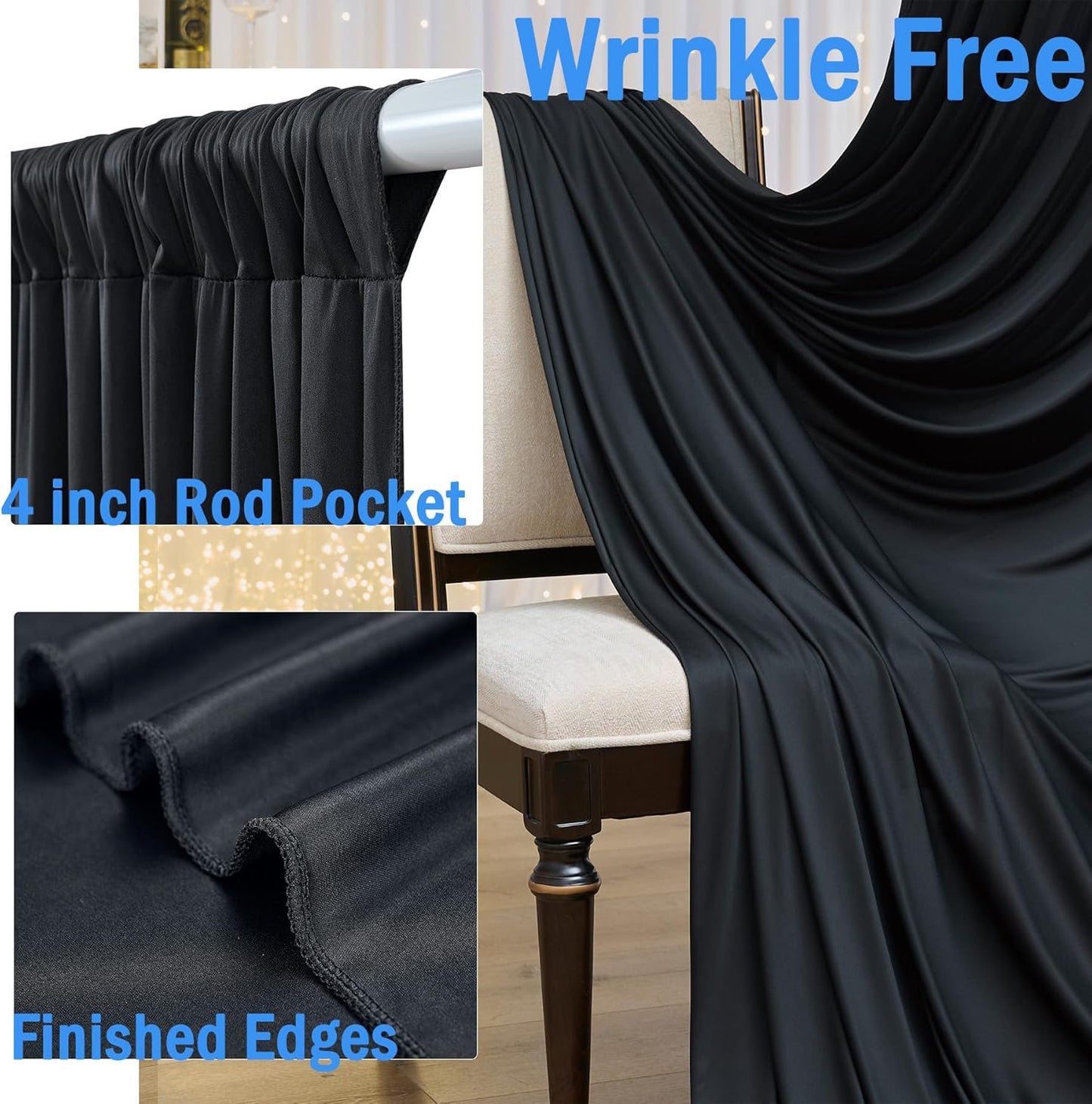 30ftx10ft Wrinkle Free Black Backdrop Curtain for Parties, 6 Panels 5x10ft Silky Polyester Photo Backdrop Drapes Back Drop Cloth for Wedding Birthday Photography Background Decor