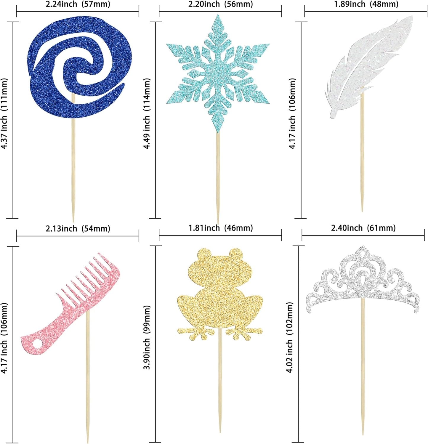 Gyufise 24Pcs Princess Symbol Cupcake Toppers Crown Frog Feather Comb Snowflake Cupcake Pick Decorations for Princess Theme Baby Shower Kids Birthday Party Supplies