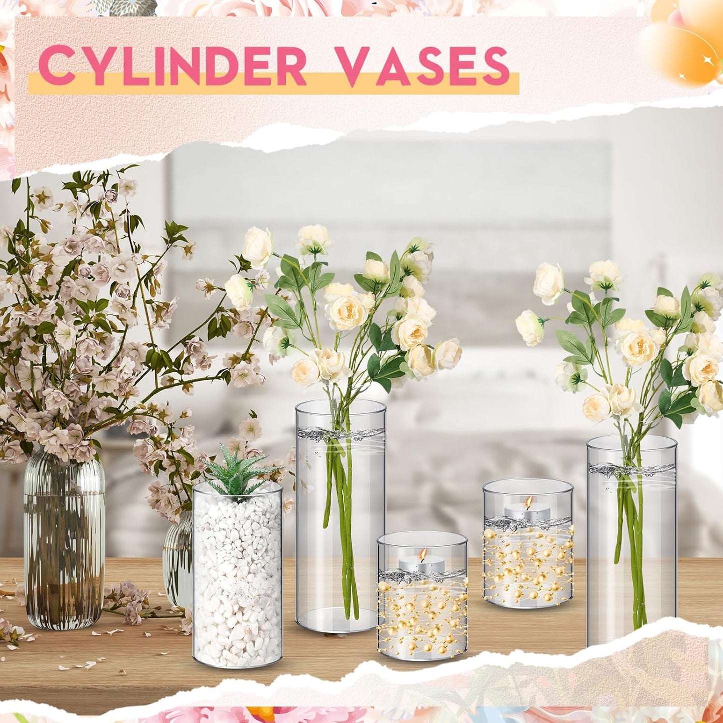 Nuogo 48 Pcs Plastic Cylinder Vases Tall Clear Flower Vases for Centerpieces Hurricane Candle Holder for Home Wedding Office Party Formal Dinners Decorations (4''/6''/8'')