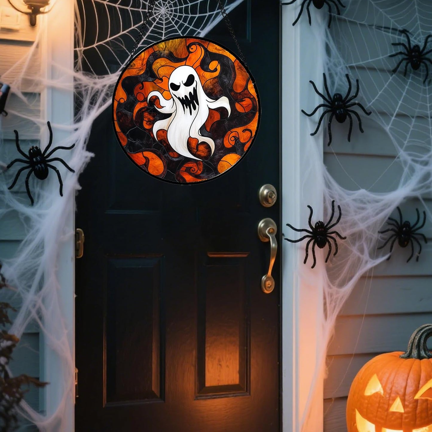 Stained Glass Window Hanging - Halloween White Ghost Suncatcher for Doors Window Garden Indoor Spooky Funny Orange Sun Catchers Gothic Decor Horror Gifts for Women Men Friend 7.8 in