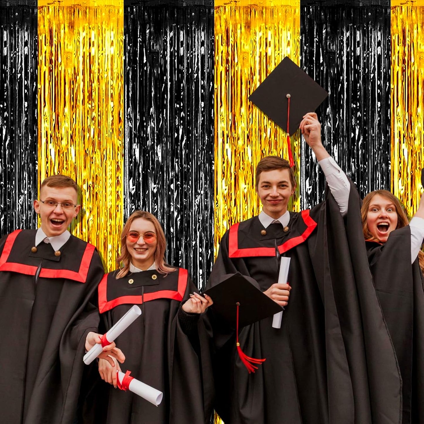 4 Pack Black Gold Foil Fringe Curtain Backdrop, 3.28Ft x 8.2Ft Metallic Tinsel Foil Fringe Streamers Curtains for Photo Booth, Wedding, Graduation, Birthday, Carnival Party Decoration