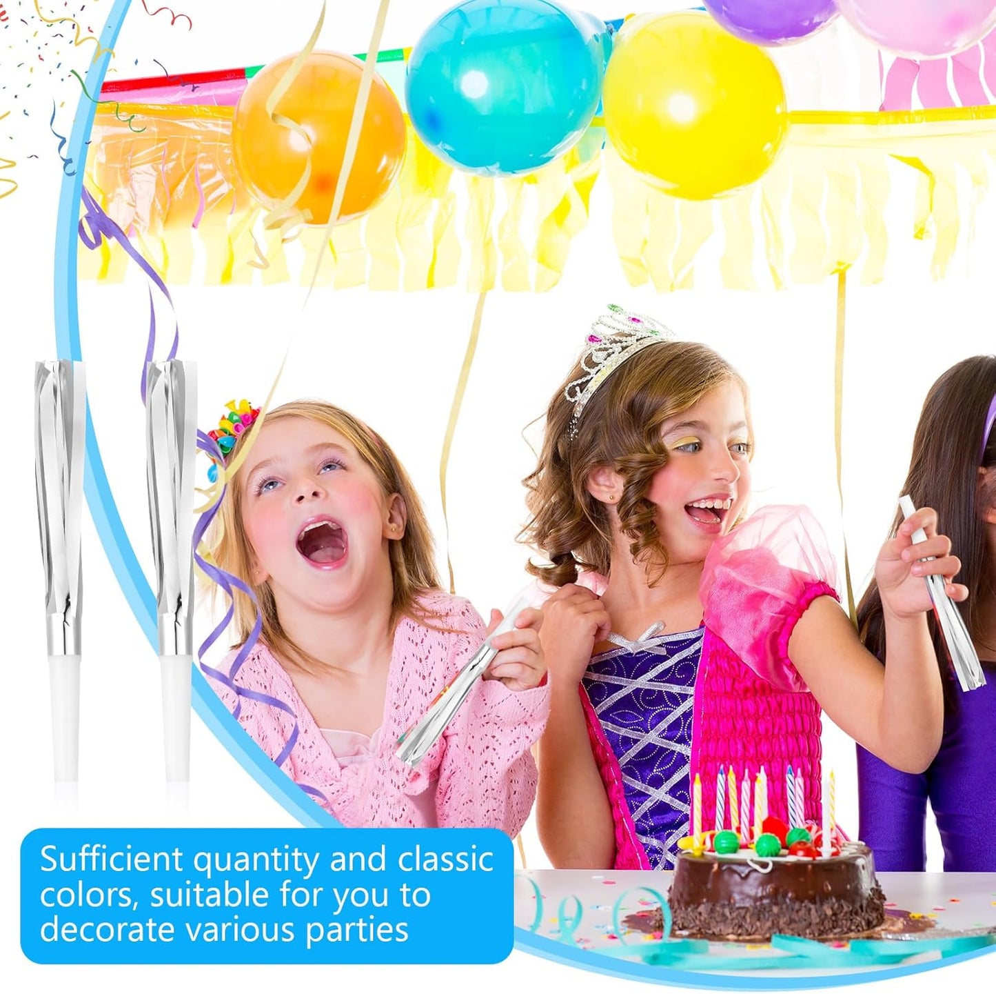 Metallic Fringed Noise Makers, 48 Pcs, Gold White, Silver White, for Noise Makers Party Favors, Baby Shower, Kids Birthday, New Year Party