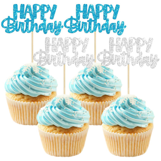 Gyufise 24Pcs Happy Birthday Cupcake Toppers Glitter Birthday Cupcake Food Picks for Celebrating Winter Wonderland Theme Party Cake Decorations Supplies Blue Silver