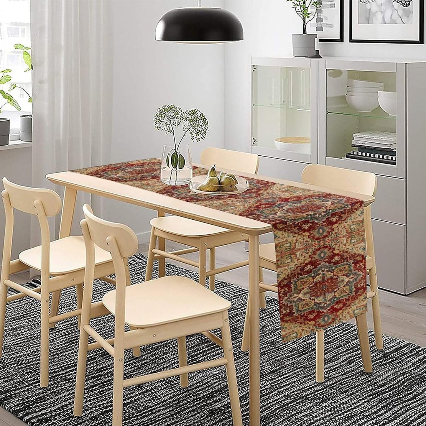 Boho Bohemia Style Table Runner, Vintage Red Brown Retro Flower Rustic Country Style Floral Print Pattern for Home Kitchen Table Decor Dining Coffee Room Garden Party Decor 13x108in