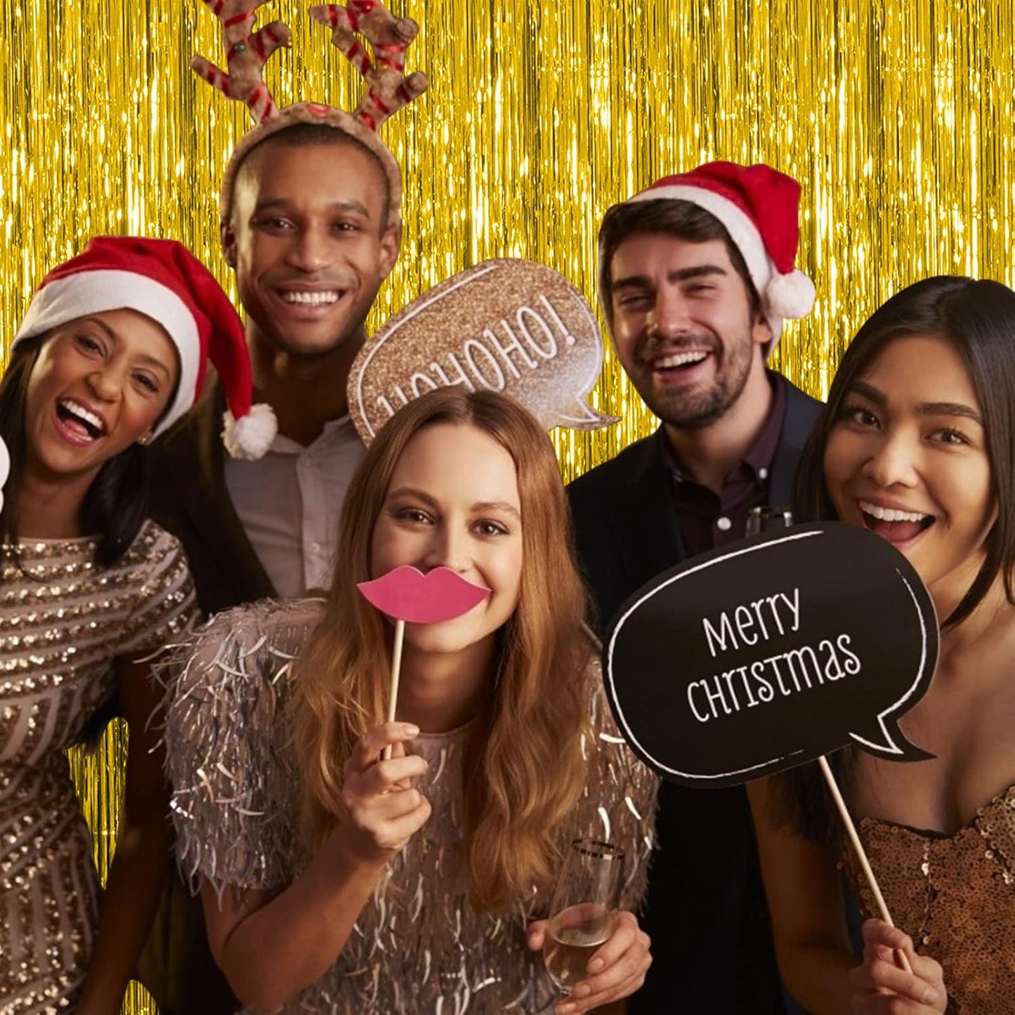 5 Pack Gold Fringe Curtain Backdrop Tinsel Streamers Birthday Party Decorations Christmas Photo Booth Backdrop Halloween New Year Graduation Baby Shower Theme Party Decorations