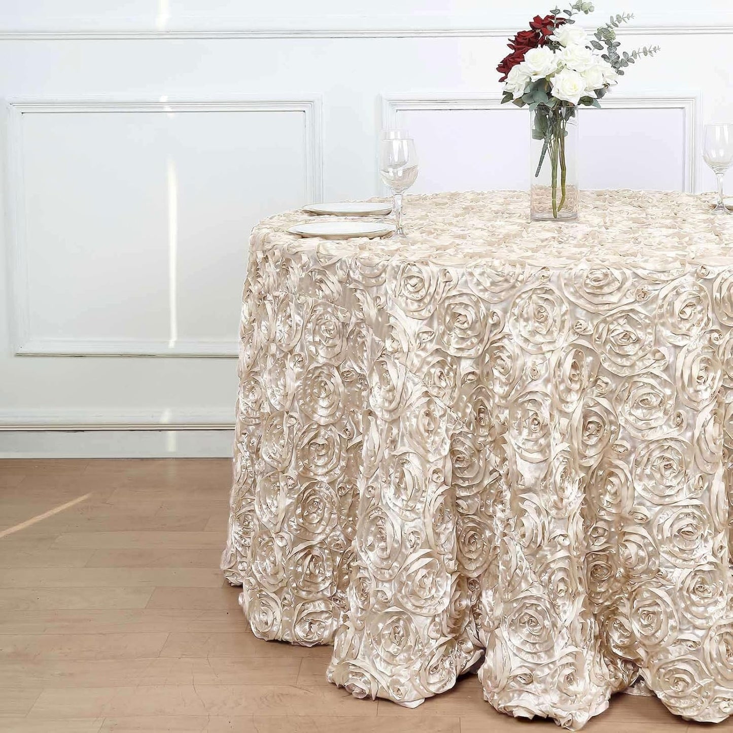 Efavormart 120" Beige Grandiose 3D Rosette Satin Round Tablecloth for Wedding Party Event Decoration