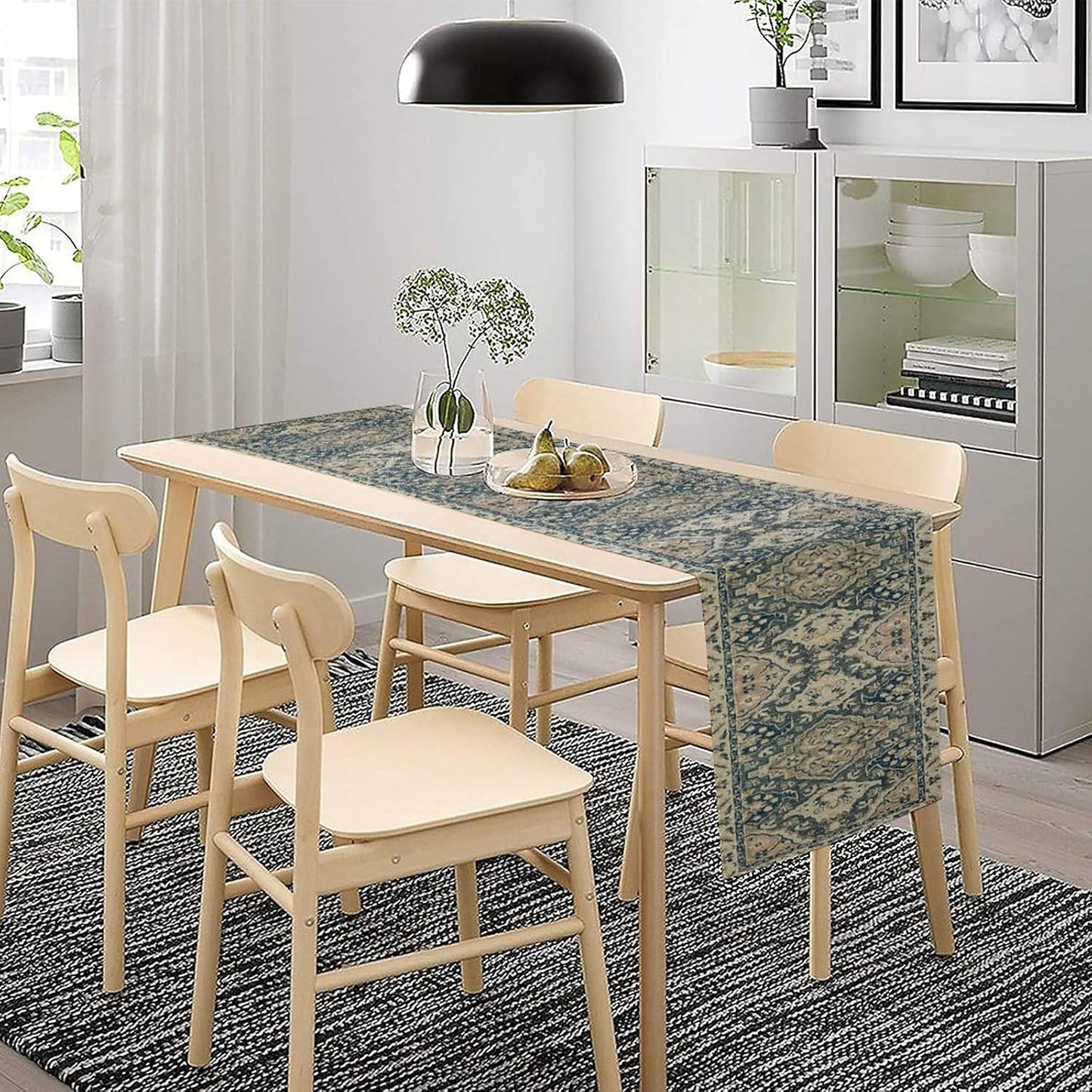 Vintage Boho Floral Table Runner, Rustic Country Farmhouse Blue Grey Retro Flower Pattern for Home Kitchen Table Decor Dining Coffee Room Party Decor 13x60in