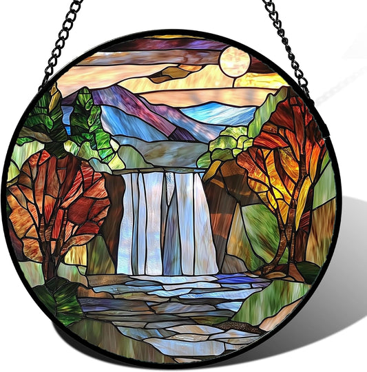 Stained Glass Window Hanging, Abstract Landscape Waterfall Mountains Trees Suncatcher for Doors Window Home Sun Catchers Decor Mother's Day Birthday Gifts for Women Men Mom 11.8 in