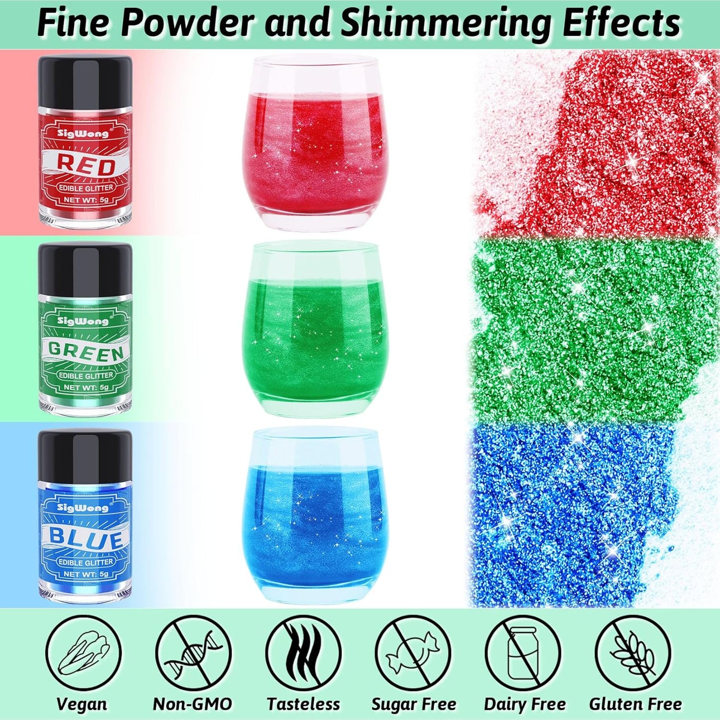 Edible Glitter Set, 3 Colors Luster Dust Edible Glitter, Food Grade Metallic Food Decorating Sprinkle Dust for Drinks Wine, Powder Glitter for Fondant, Chocolate, Candy, Cookie, 5g/0.18oz, Vegan