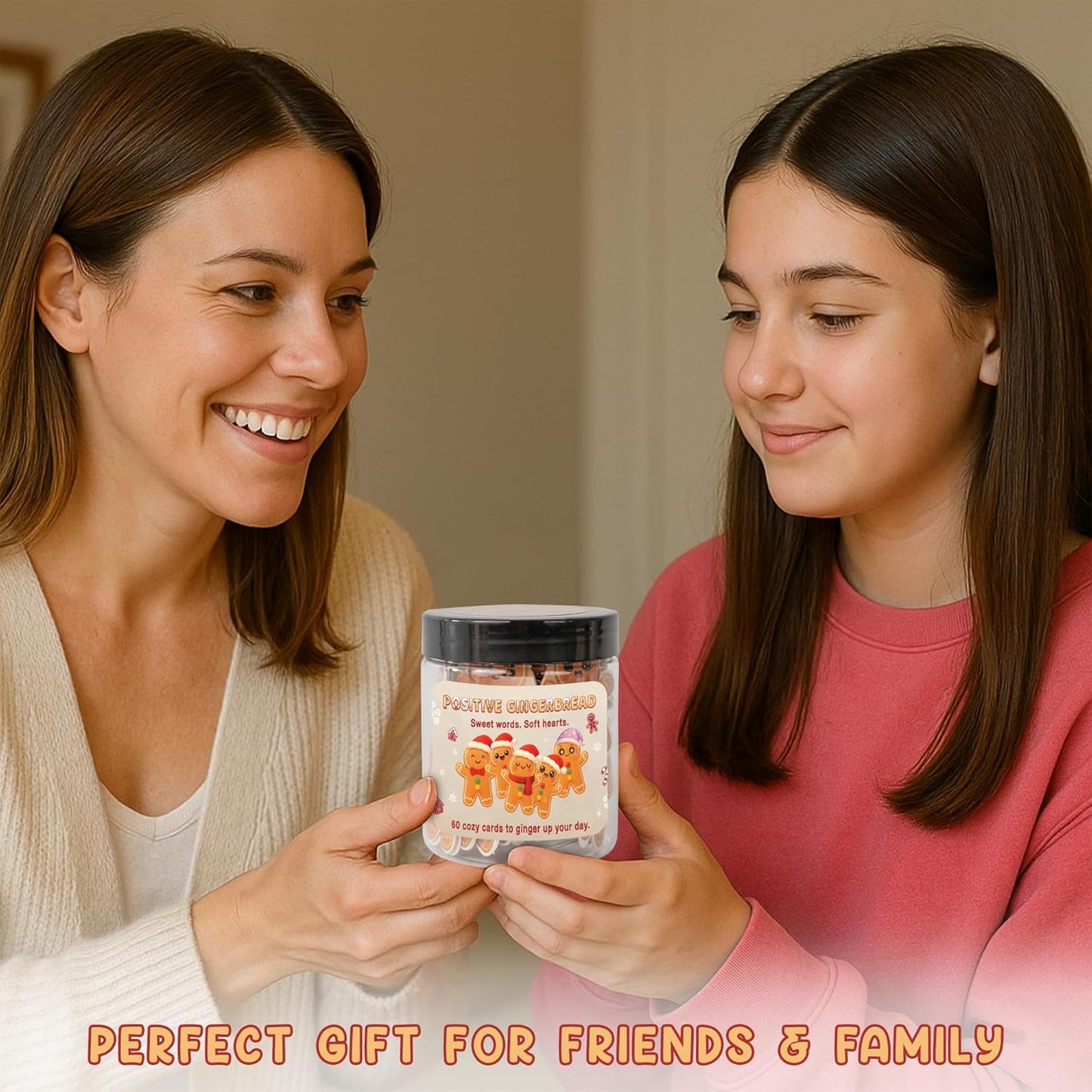 Positive Gingerbread Jar – 60 Funny Emotional Support Gingerbread, Christmas Gifts for Teens, Women, Men, Coworkers, Teachers, Sisters, Friends – Christmas Stocking Stuffer for Teen Girls, Boys, Women