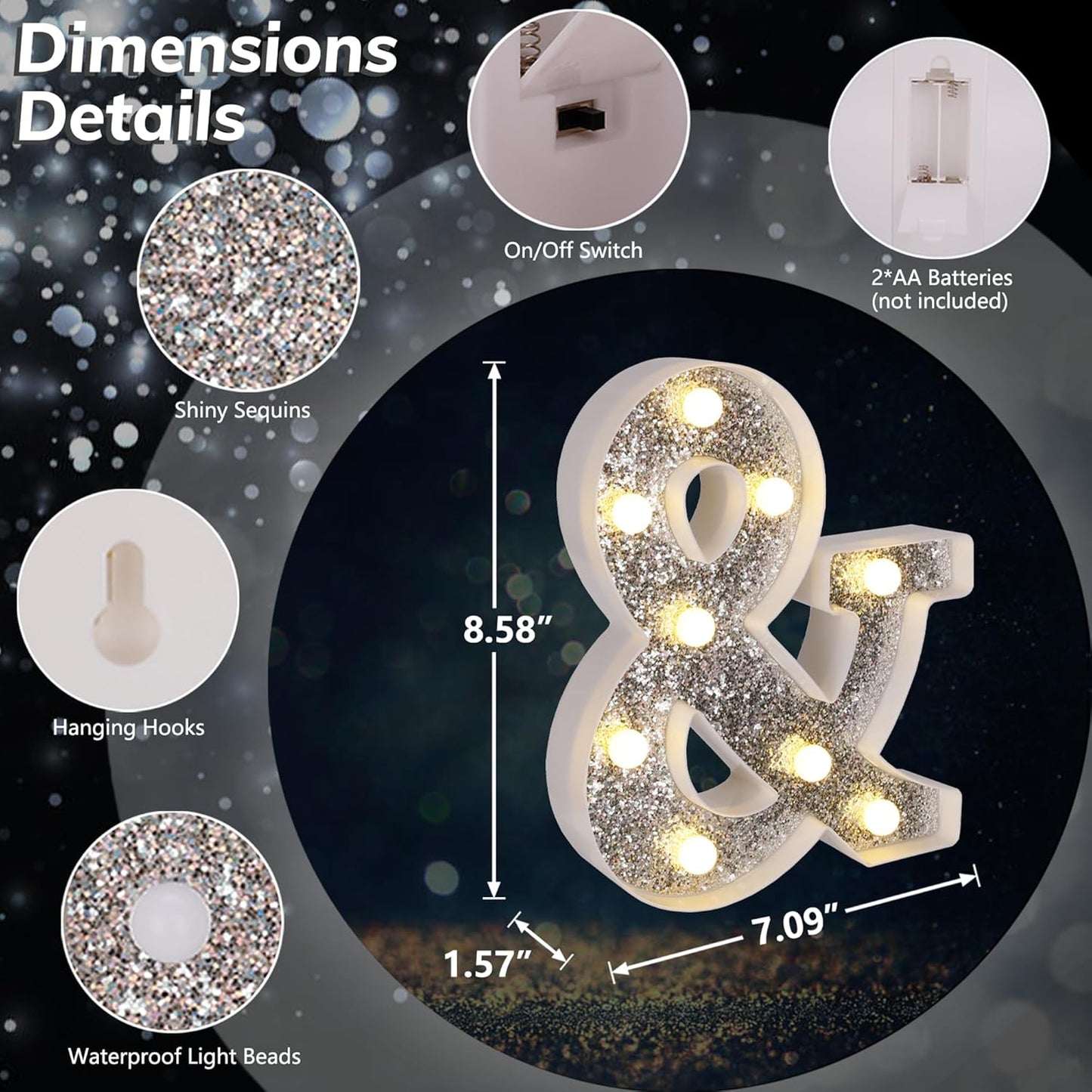 Marquee Light Up Letters, Glitter Silver LED Letter Lights Battery Powered Alphabet Letter Sign for Night Light Wedding Birthday Party Cafe Bar Decoration Girls Room Decor - &