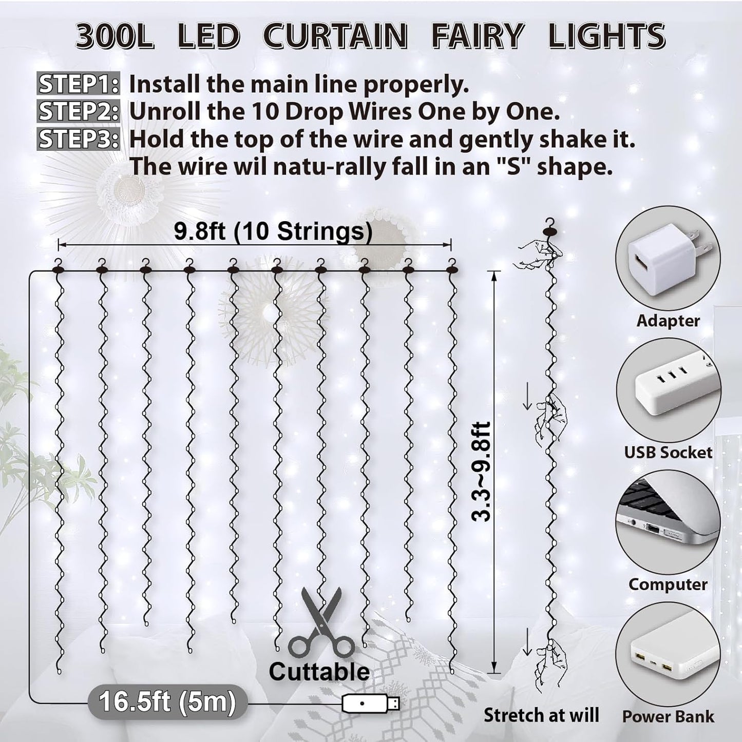HXWEIYE 300LED Fairy Curtain Lights, 9.8x9.8Ft USB Plug-in 8 Modes Christmas String Hanging Lights with Remote for Bedroom Backdrop Wedding Party Indoor Wall Decor, White