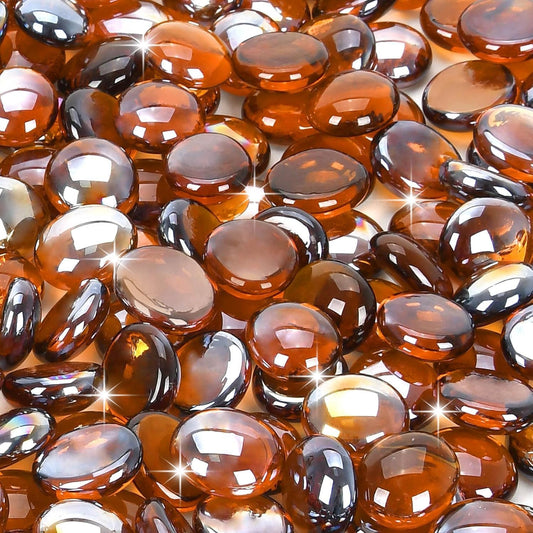 Fire Glass Rocks, Amber Beads for Propane Fire Pit, Fireplace and Outdoor Decorative. 3/4 High Luster 10LB Round Firepit Glass