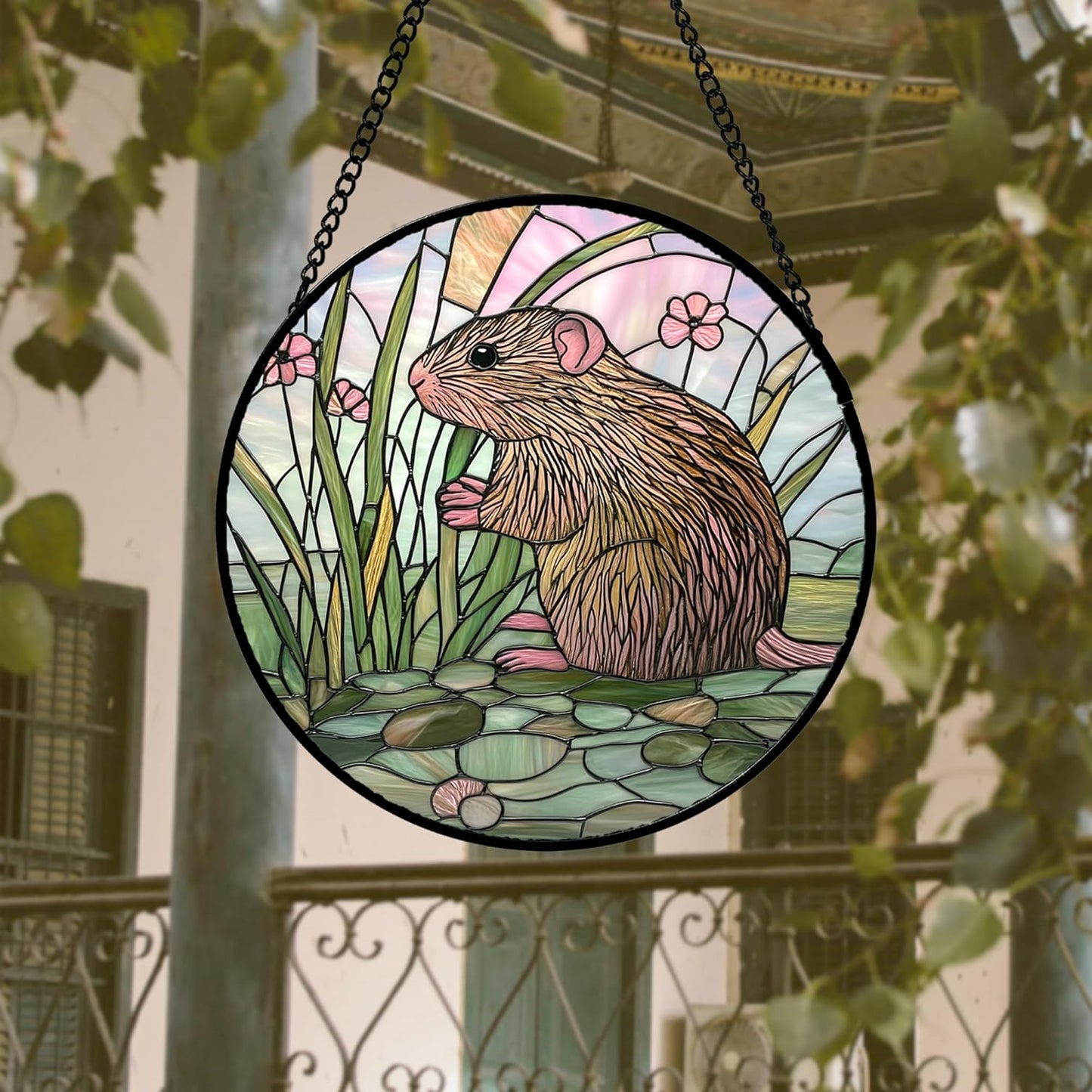 Stained Glass Window Hanging 4 Pcs Set Cute Animal 9.8"- Green Plant Pink Suncatcher Door Garden Sun Catcher Decor Birthday Christmas for Mom Woman Nana Men Friend