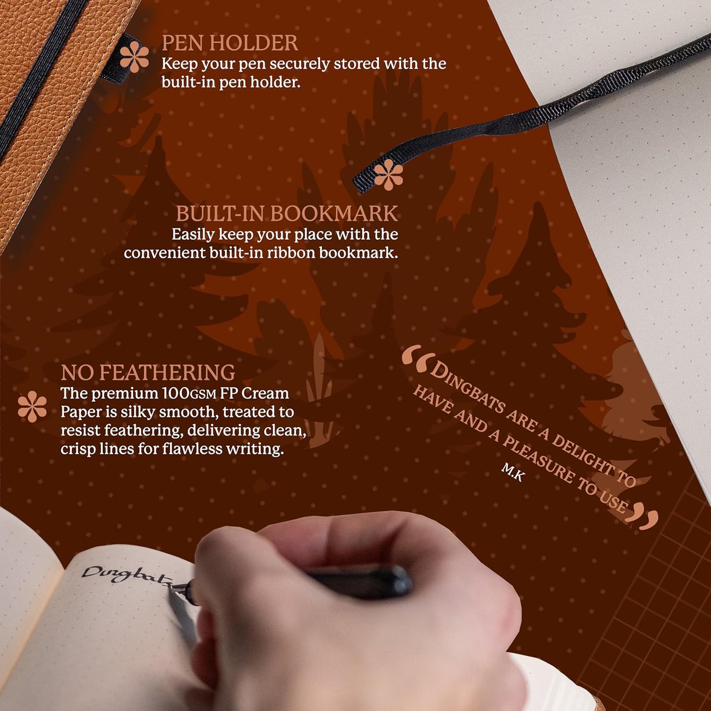 Dingbats* Wildlife Grid Writing Journal Notebook A5 - Vegan Leather Hardcover - Ideal for Work, Travel - Pocket, Elastic Closure, & Bookmark