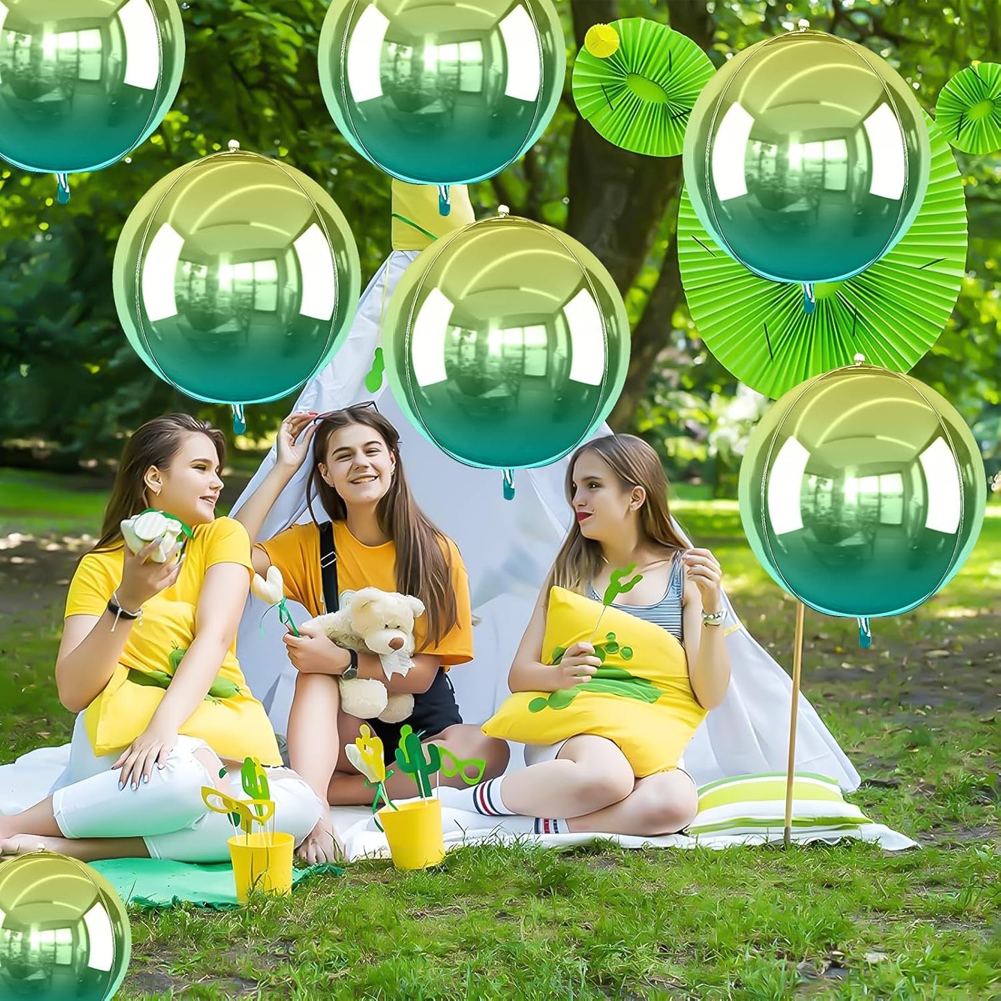 6Pcs Gradient Green Round Foil Balloons, 22" Large Helium Ball Mylar Balloon, Metallic Green Foil Balloon for Birthday Graduation Wedding Halloween Disco Prom Tropical Party Decorations