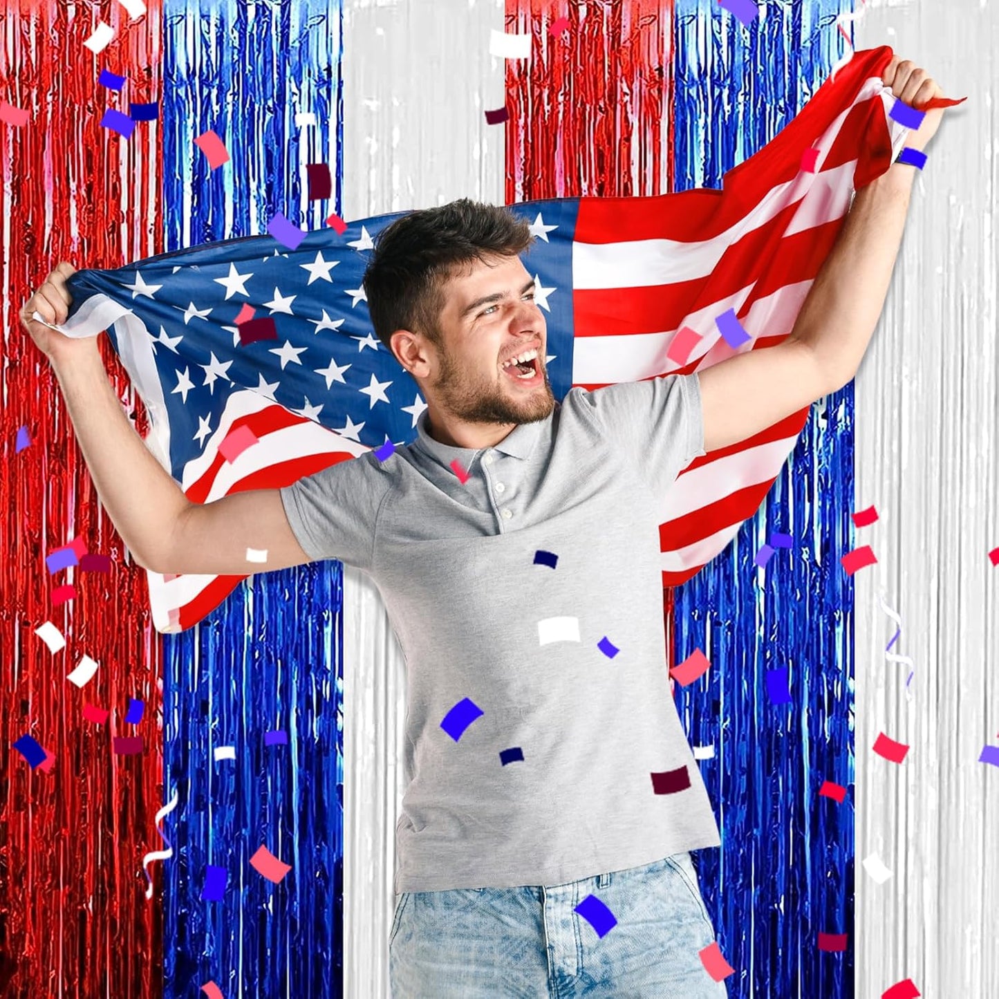 3 Pack White Blue Red Foil Fringe Curtain Backdrop, 3.28Ft x 8.2Ft Metallic Tinsel Foil Fringe Streamer Curtains for Photo Booth, Mother's Day, Easter, Birthday, Wedding Party Decorations