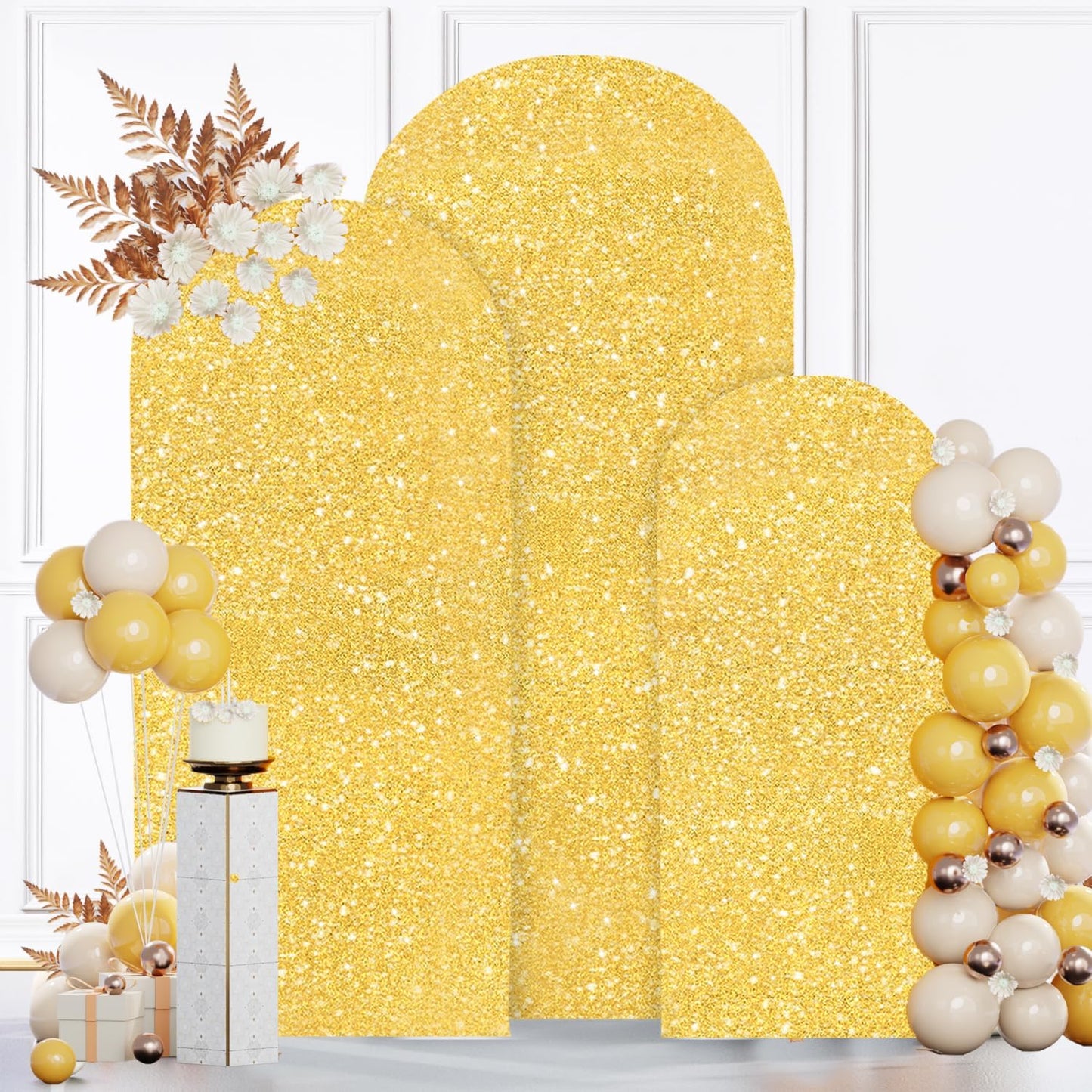 MODFUNS Arch Backdrop Stand and Cover Set 4&5&6ft Gold Sequin Arch Stand Cover Metal Arch Frame Vintage Backdrop Stands for Baby Shower Birthday Party Ceremony Decoration