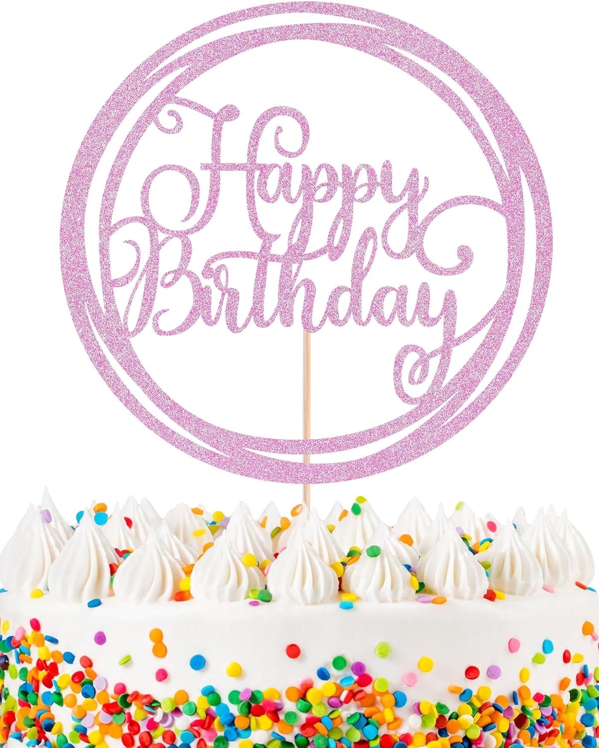 Happy Birthday Cake Topper - Pink Glitter Happy Birthday Cake Decoration Supplies for Children or Adults - Happy Birthday Cake Bunting Decor, Photo Booth Props
