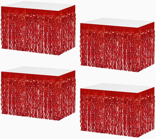 4P Wavy Metallic Tinsel Foil Fringe Table Skirts for Rectangle Tables Backdrop Garland Curtains for Parade Floats Wedding Birthday Parties Decoration Graduation 2025 Christmas (Red)