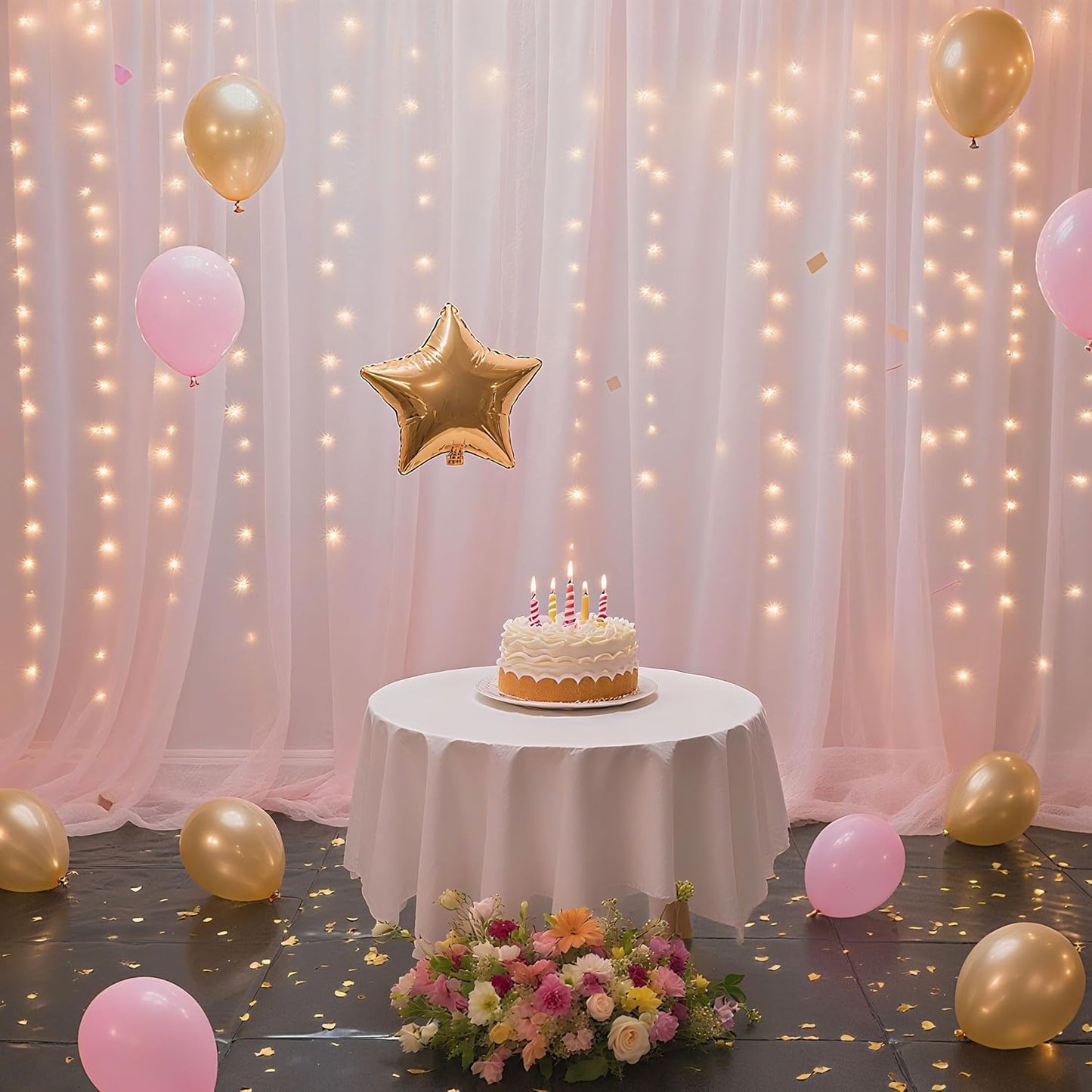 10×10ft Tulle Backdrop Curtains with Lights String - 300LED Fairy Lights Sheer Curtain Backdrop for Weddings Baby Shower and Birthday Party Decorations(4 Panels 5×10ft)