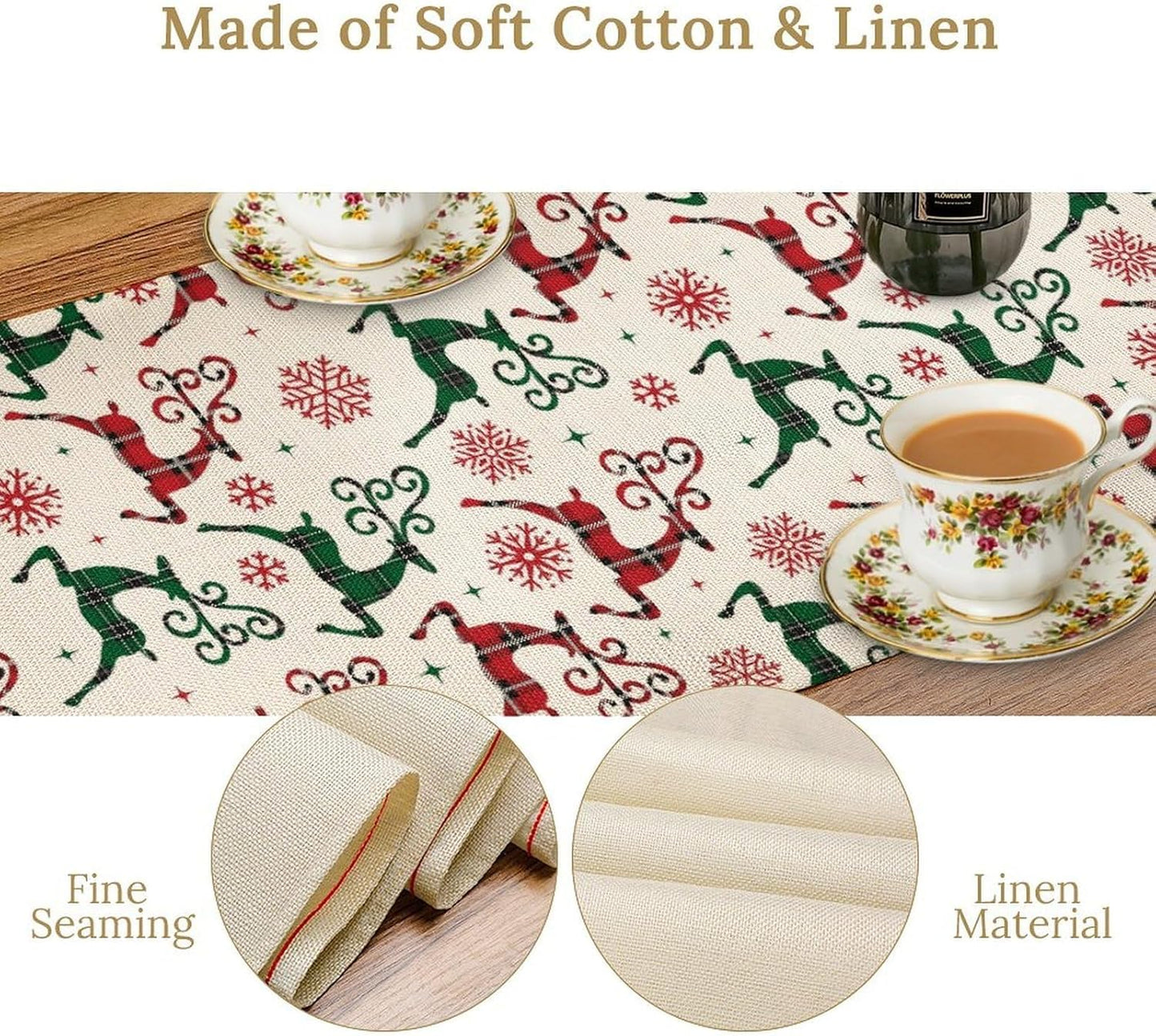 Christmas Table Runner,Christmas Plaid Deer Print Farmhouse Table Cloth Kitchen Dining Table Decoration for Home Party Decor 13x90 Inch