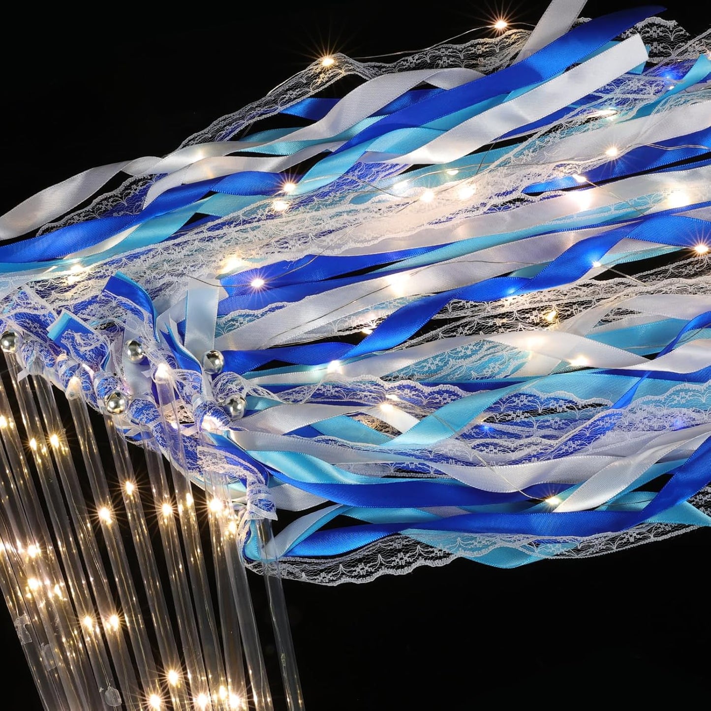 100 Pcs Wedding Wands Ribbon with 3 Colorful Flashing Modes, Light up LED Silk Fairy Wands, Glow Lace Stick with Bells for Wedding Reception, Graduation, New Year, Birthday Party (Blue)