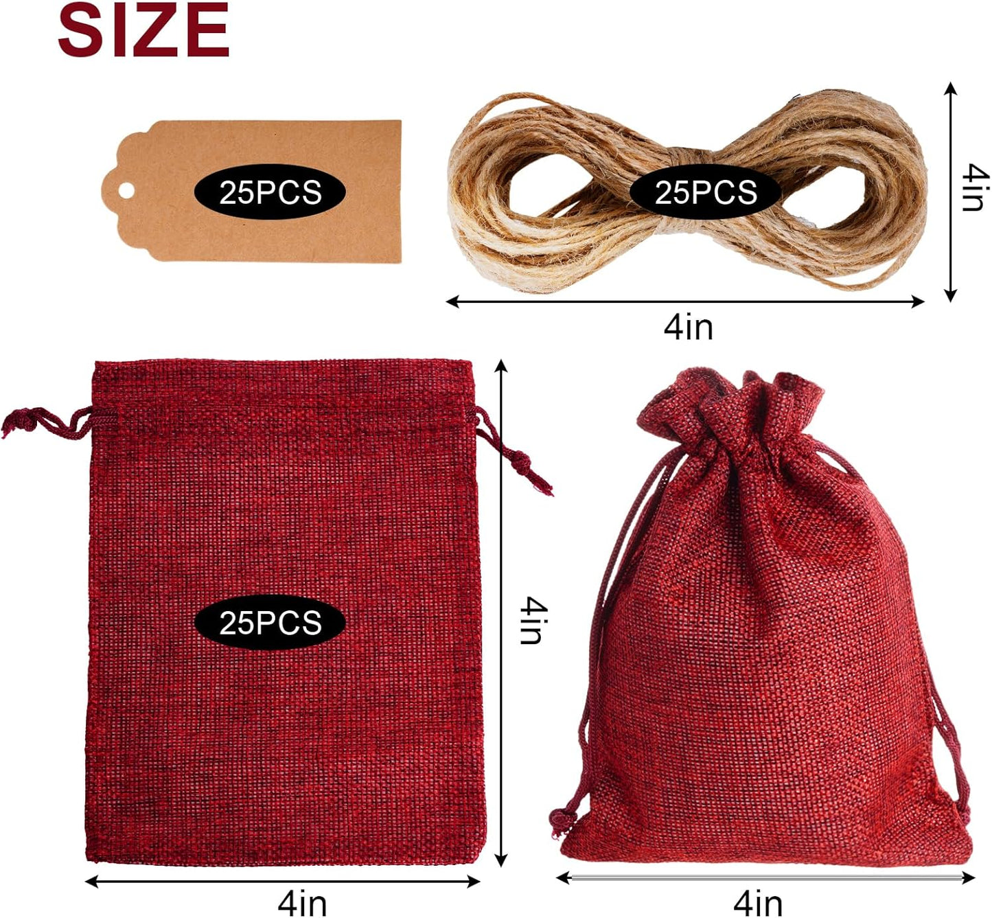 Yymobt 25PCS Burlap Bags with Drawstring, Reusable Burlap Favor Bag 5x7’’ Small Party Sacks for DIY Craft, Party, Christmas, Wedding, Festival Presents Bulk Bags（Red）