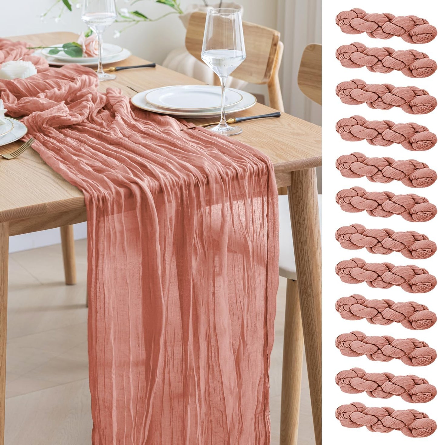 Asee'm 12pcs Cheesecloth Table Runner 120 Inches Dark Rose Boho Gauze Cheese Cloth Runner 10FT Rustic Sheer Table Runners for Summer Wedding Baby Shower Holiday Party Decoration