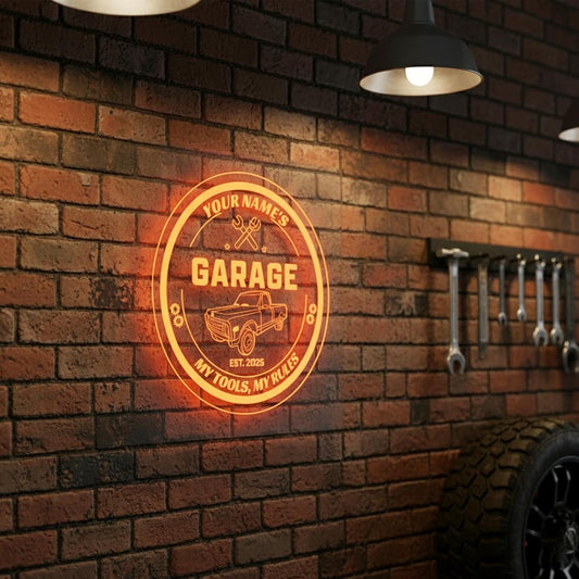 Custom Pickup Truck Garage Sign – Personalized LED Color Changing Acrylic Wall Decor for Garage, Workshop, or Man Cave (Garage 1, 16 INCHES)