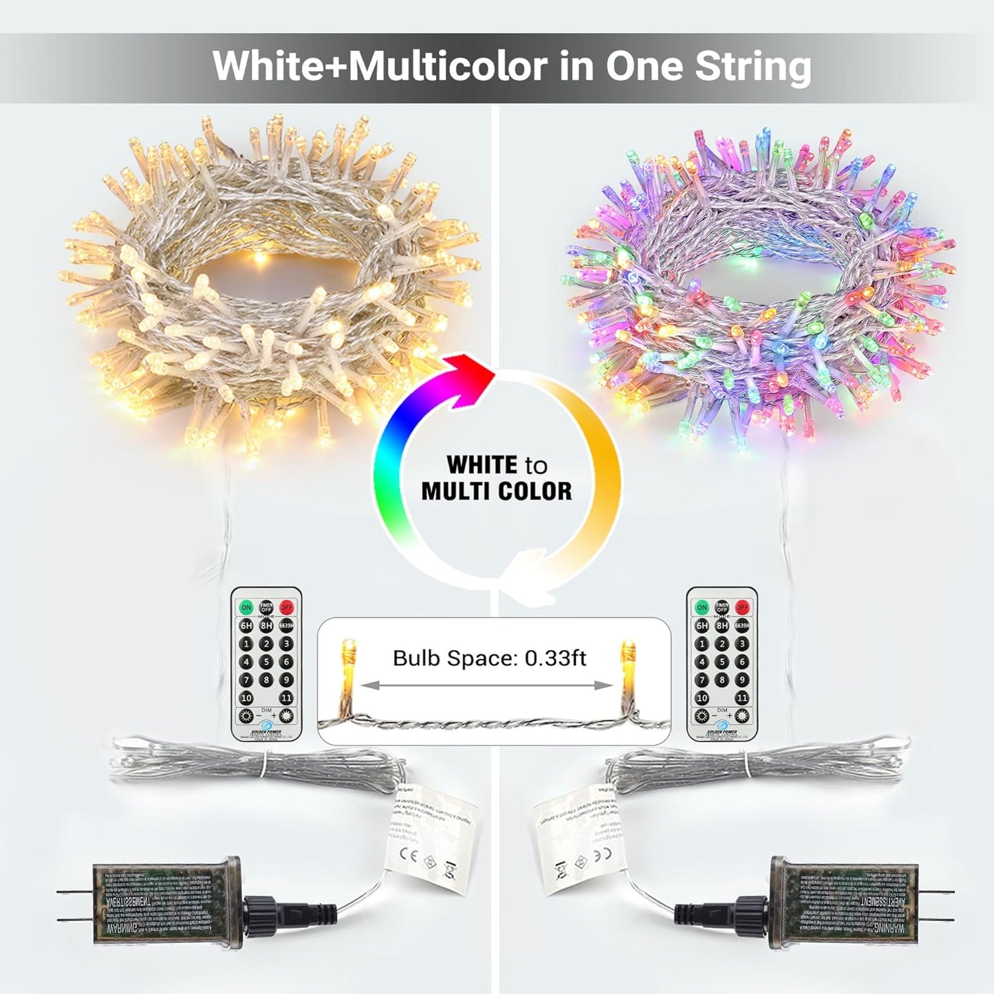 BrizLabs Christmas Lights, 180ft 500 LED Color Changing String Lights, 11 Modes Warm White & Multicolor Christmas Tree Lights with Remote, Dimmable Christmas Lights String Clear Wire for Xmas Decor