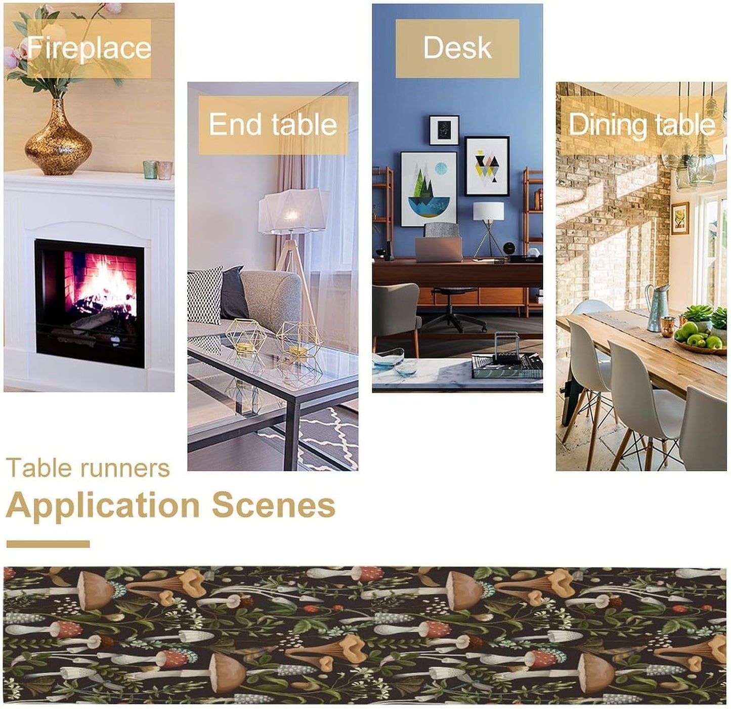 Mushroom Table Runner,Retro Forest Wildflower Botanical Plants Flower Art Pattern Print Burlap Hotel Indoors Outdoor Dining Room Kitchen Holiday Party, 13x60in