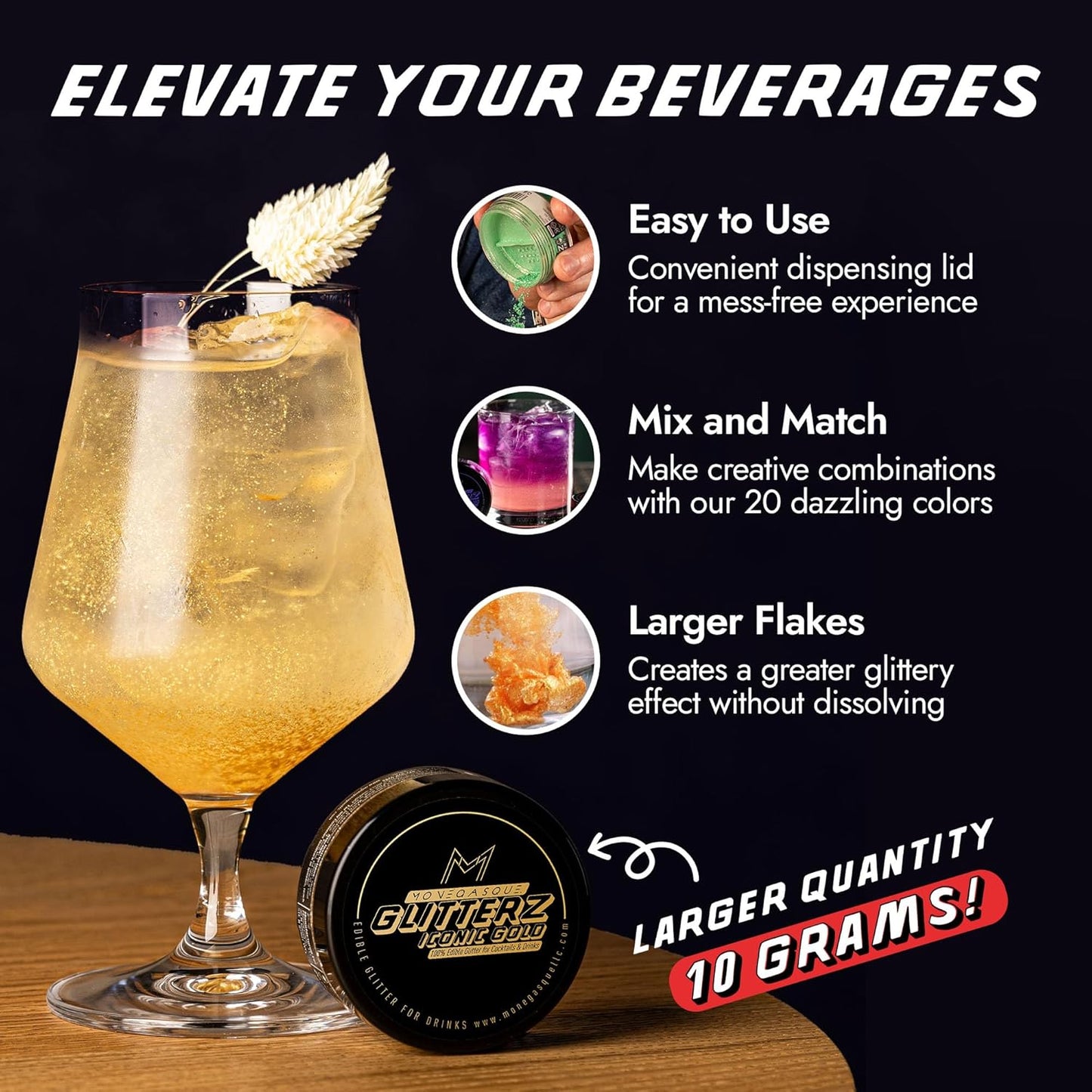 MONÉGASQUE Iconic Gold Edible Glitter for Drinks 10g – Edible Glitter for Cakes & Cocktails – Gold Sprinkles Spray for Food, Cupcake, & Cake Decorations – Halloween Cocktail & Drink Shimmer Powder