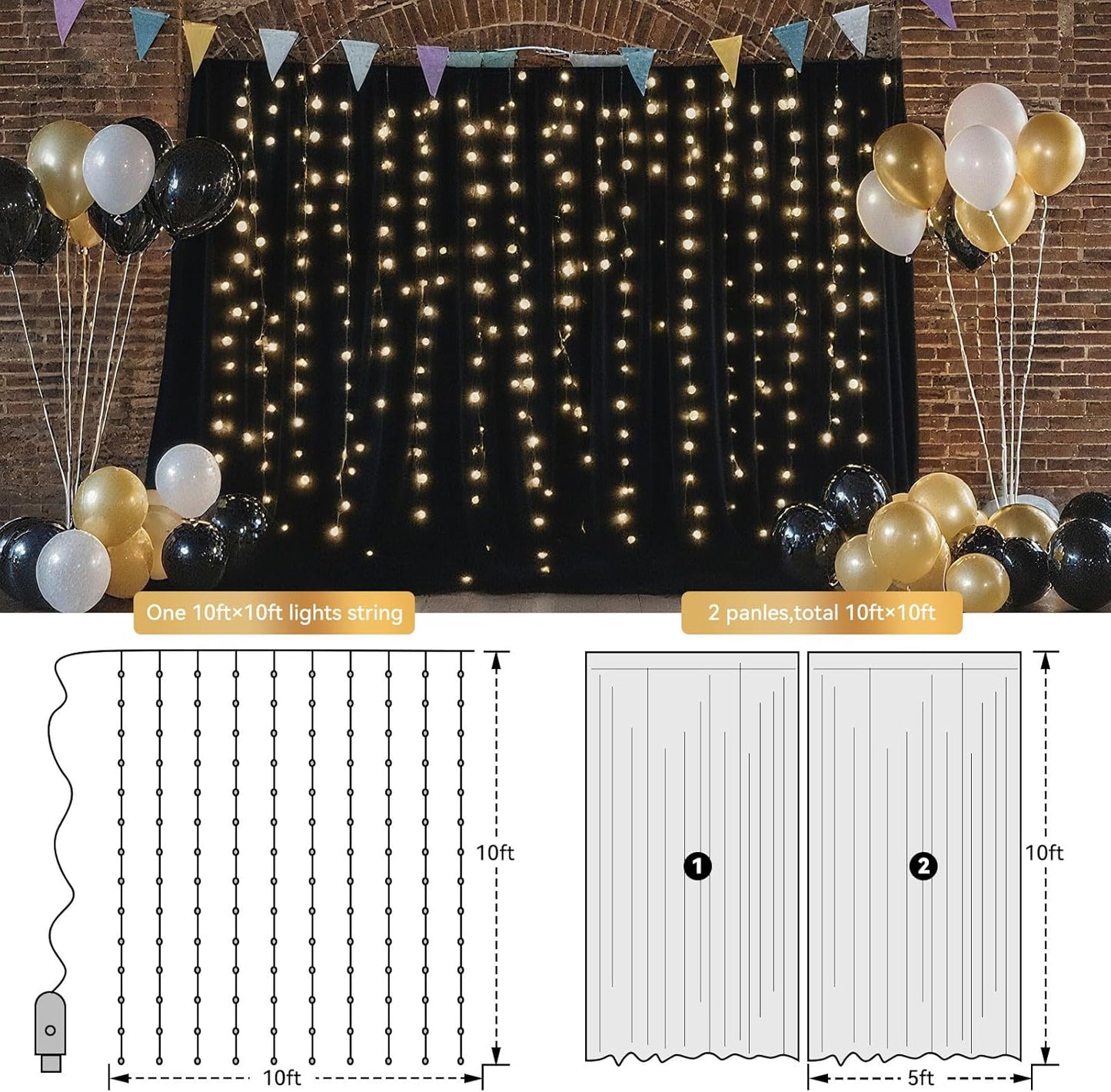Ledido 10×8ft Tulle Backdrop Curtains with Lights String - 300LED Fairy Lights Sheer Curtain Backdrop for Weddings Baby Shower and Birthday Party Decorations(6 Panels 5×8ft)