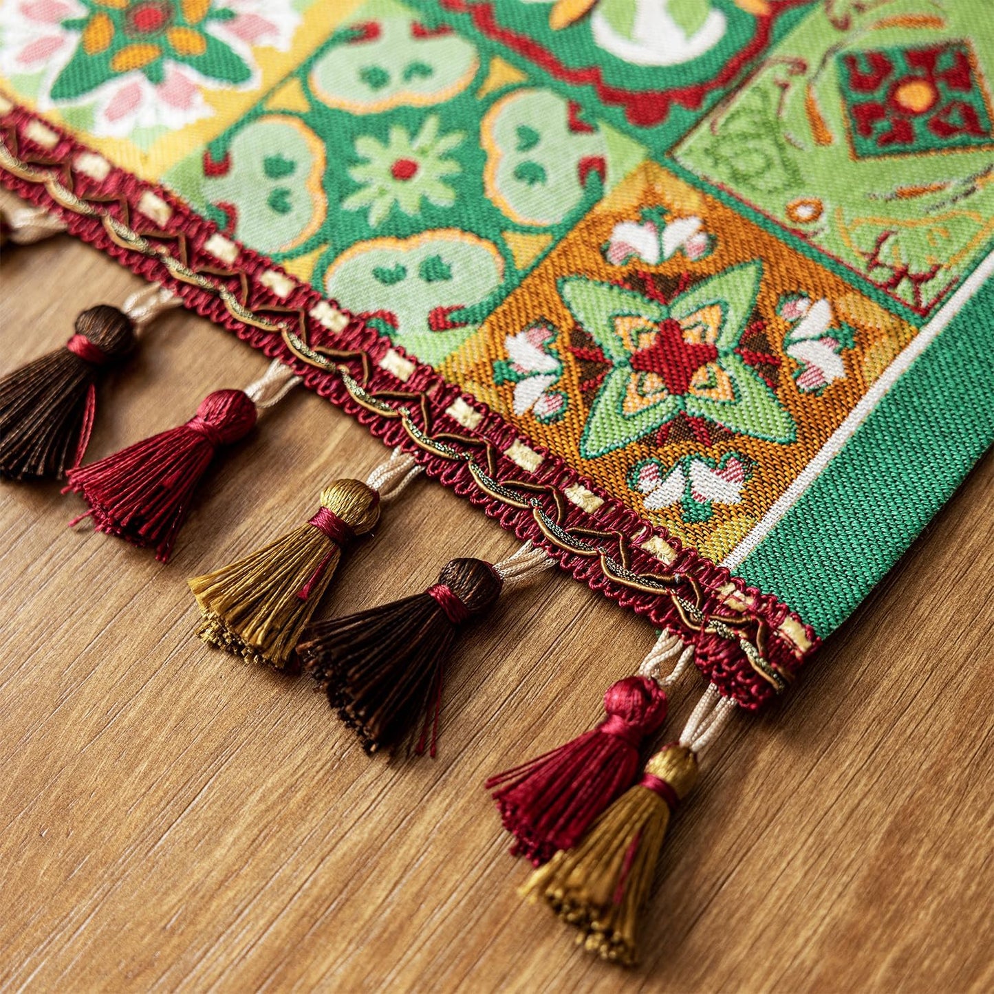 13×72 Inch Table Runner, Retro-Luxury Tassels Series for Kitchen Dining Table Holiday Decoration (Ethnic Green)