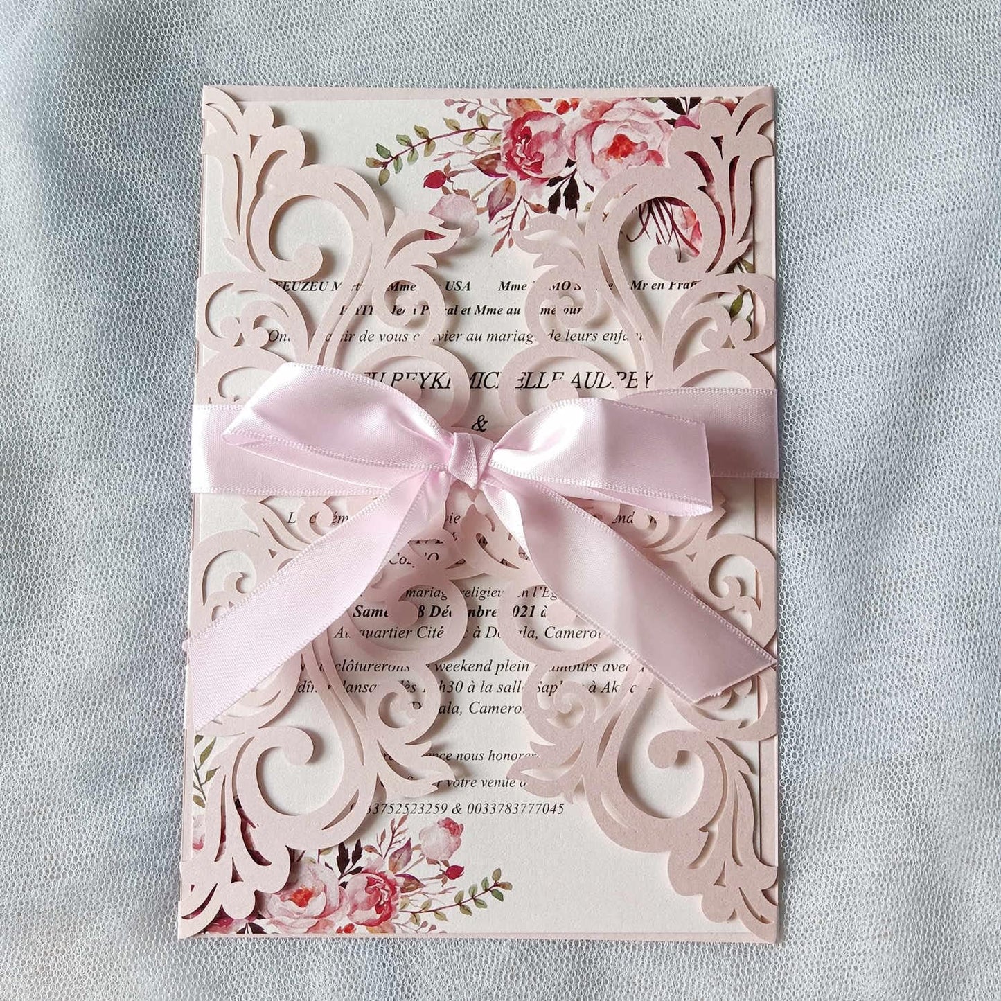 25PCS Blush Pink Laser Cut Wedding Invitations Cards with Envelopes,Blank Inner Sheets,Ribbons for Wedding Bridal Shower Quinceañera Engagement Birthday Invites