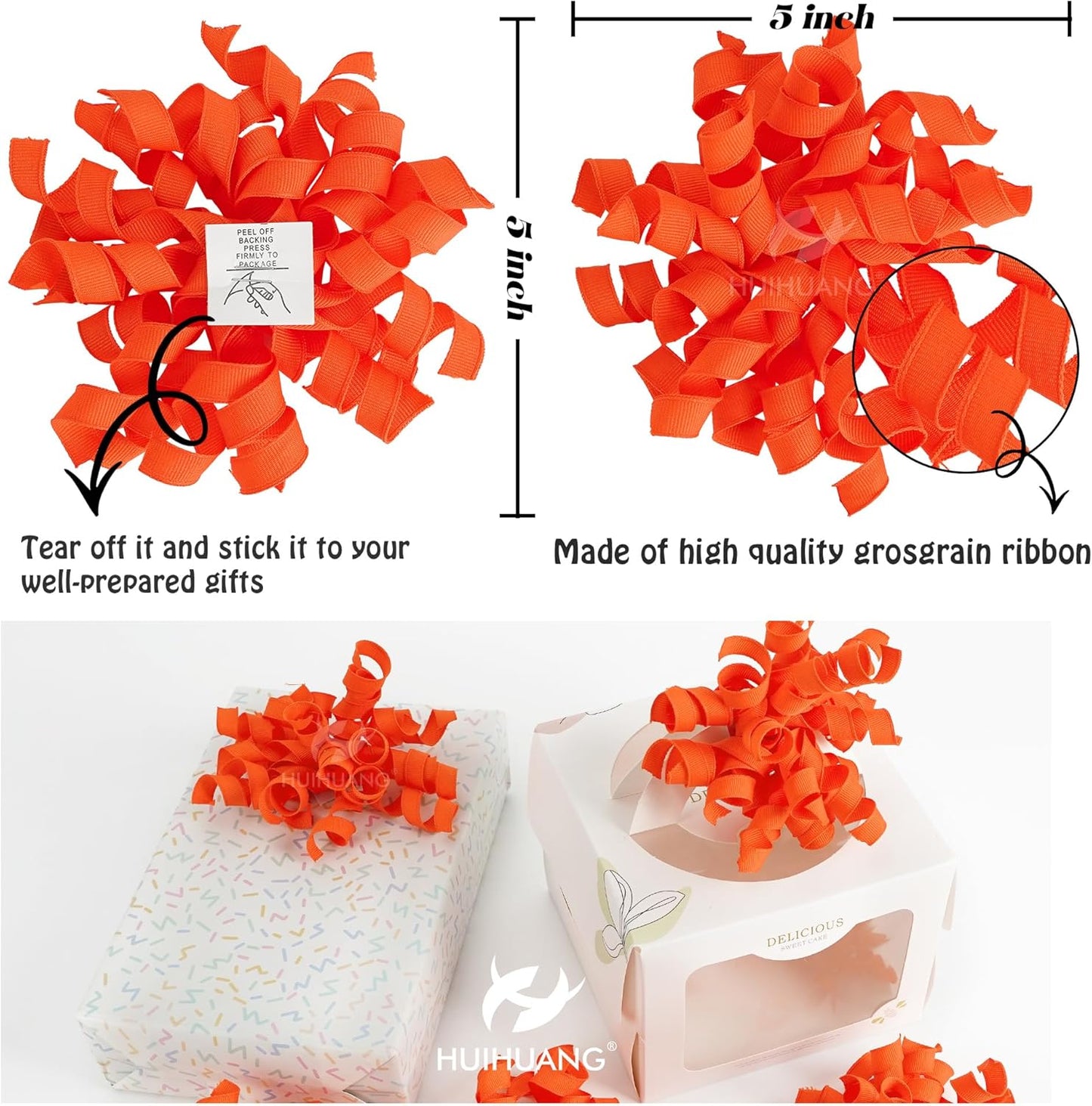 HUIHUANG Curly Ribbon Bows for Gift Wrapping, Orange Gift Bows Self Adhesive Burst Gift Bows for Present Box, Wine Bottle, Treat Bags, Wrap Accessories, Bridal Shower Wedding Party Favor - 6 Counts