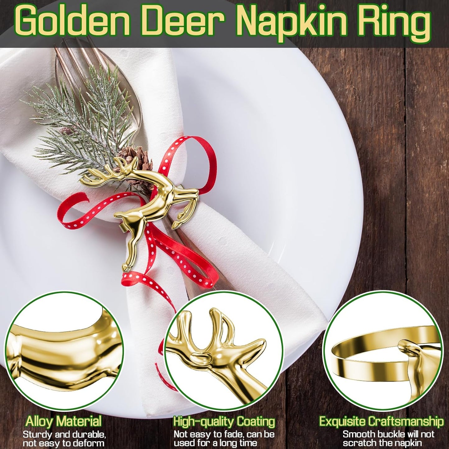 ZeeDix Gold Reindeer Christmas Napkin Rings Set of 24, Napkin Holder Ring for Christmas Dinner Table Decor Cloth Napkins, Wedding Receptions, Holiday Party, Banquet and Home Kitchen