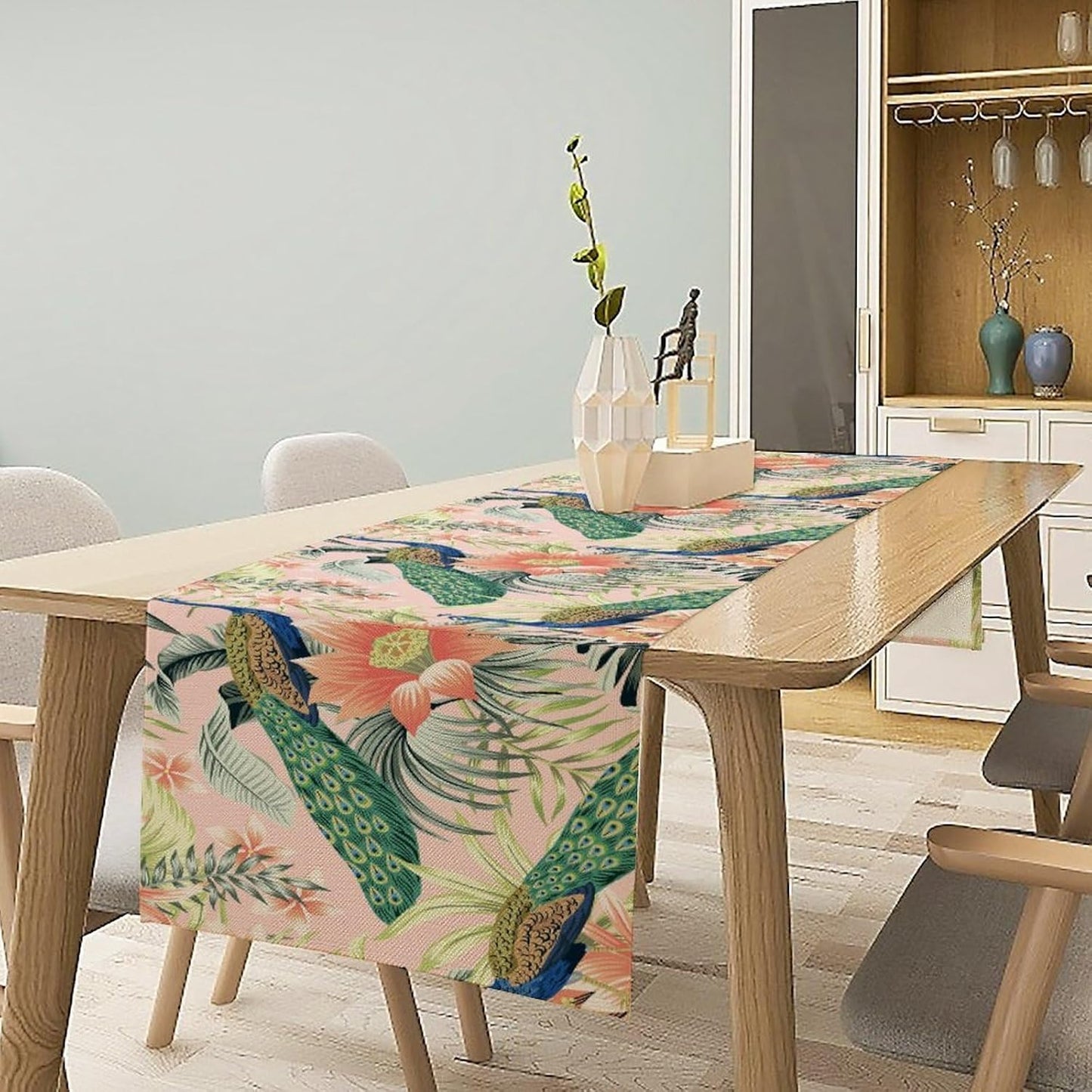 Peacock Table Runner,Pink Flower Peacock Birds Table Runner for Home Kitchen Dining Party Indoor Outdoor Decoration 13x120 Inch