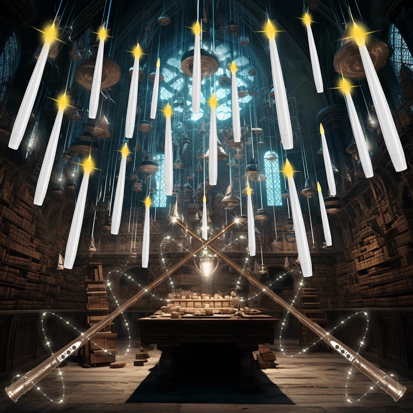 Floating Candles with Wand, 10 Pack Halloween Flameless Candles Battery Operated LED Taper Hanging Electric Candle for Christmas Halloween Birthday Party Decor 10.8in