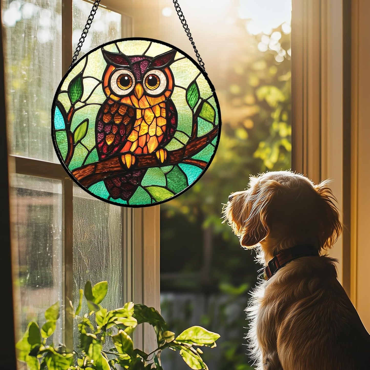 Stained Glass Window Hanging - Owl on a Branch Suncatcher for Doors Window Home Orange Brown Sun Catchers Decor Christmas Mother's Day Birthday Gifts for Teacher Women Men Mom Nana 7.8 in
